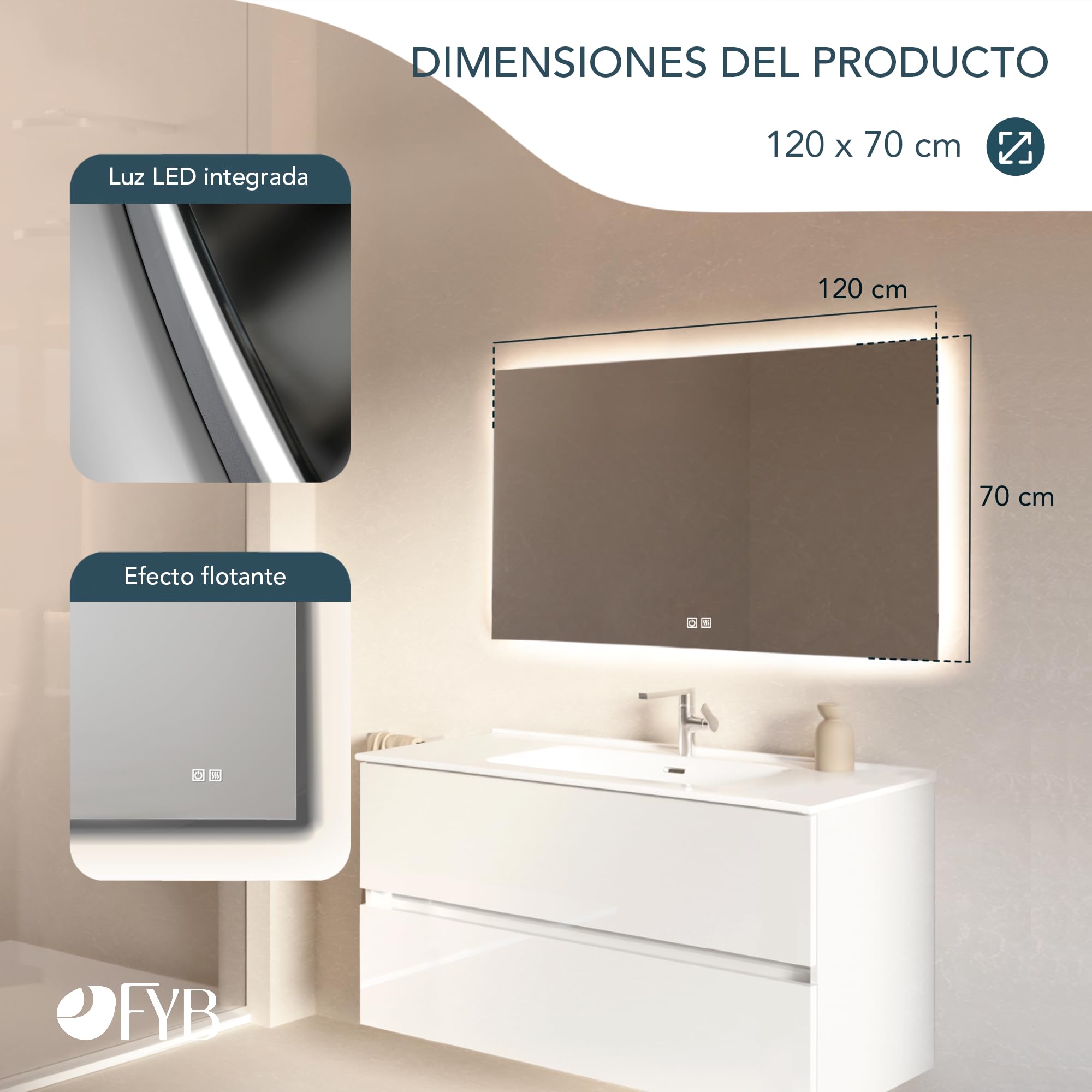 Espejo Bluetooth de Baño Rectangular 120 x 70 cm con Luz LED Regulable, Antivaho, Interruptor Táctil, Altavoces Integrados, Apagado Automático y Fácil Instalación