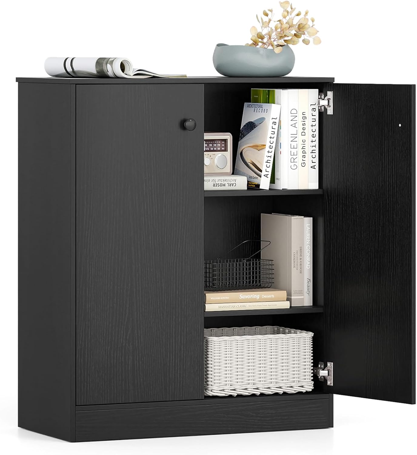 Giantex 2 Door Storage Base Cabinet - Freestanding Floor Cabinet with 3-Tier Shelf, Non-Slip Foot Pads, Kitchen Cupboard Storage Organizer for Living Room, Hallway, Entryway, Office (Black)