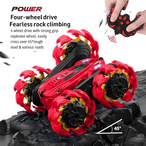 Miniatura 6 de Auto de control remoto, nuevo auto de juguete a control remoto de doble cara giratorio de 360 con faros LED, auto eléctrico recargable de acrobacias