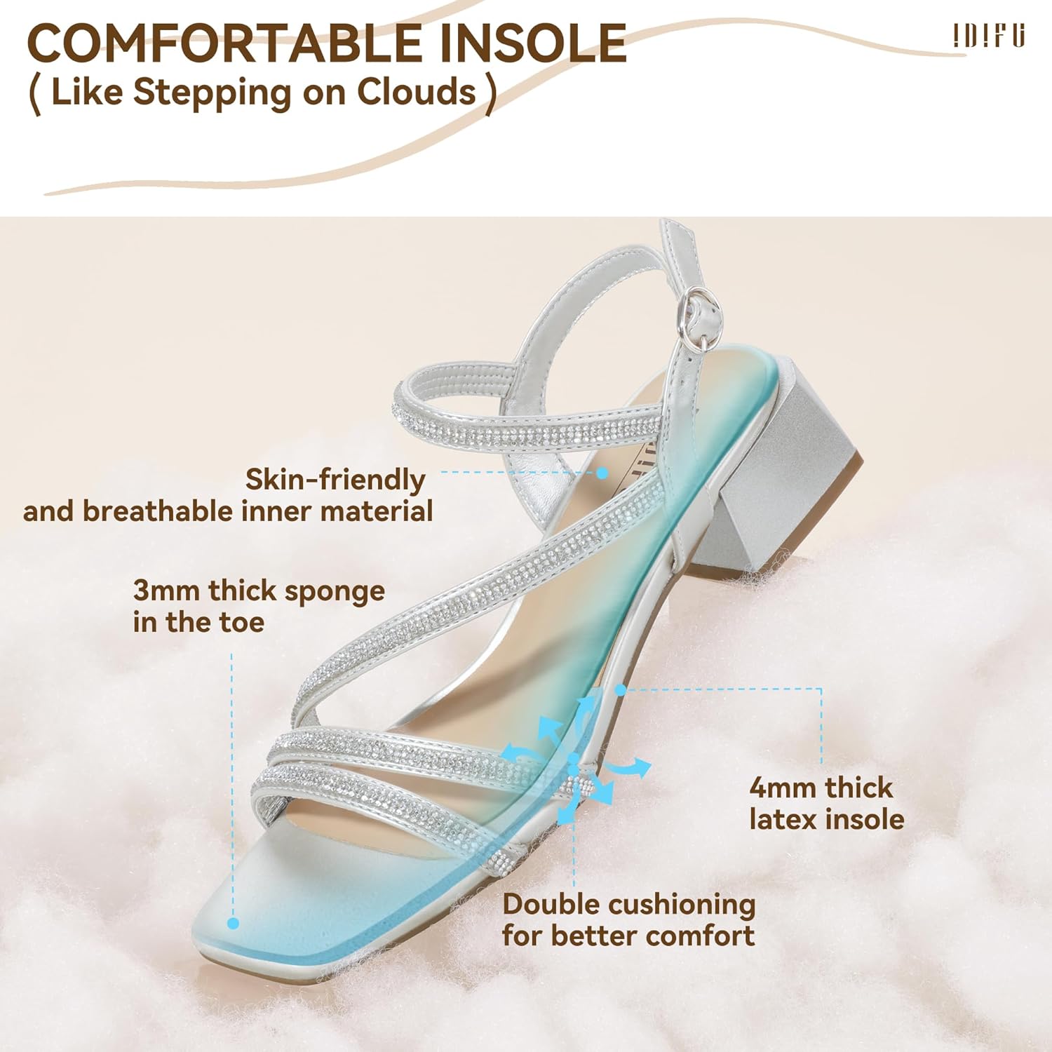 IDIFU IN2 Rhinestone Low Heels for Women Sparkly Dressy Block Short Strappy Square Open Toe Chunky Heeled Sandals Prom Wedding Bride Party Dress Shoes Comfortable Bling Thick Heels - Image 6