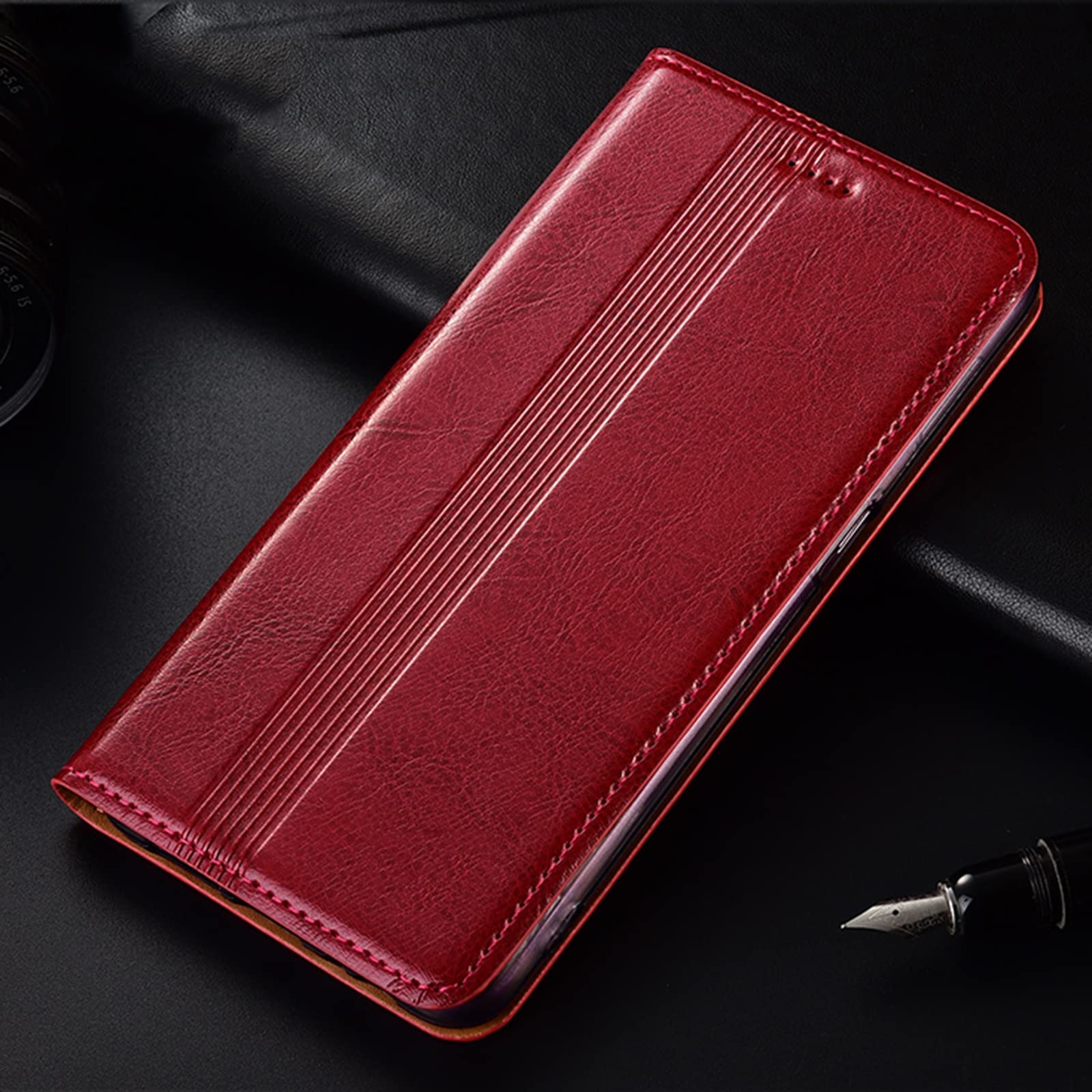 Etui do iPhone 13 Pro Max/13 Pro/13/13 Mini, prawdziwa skóra, etui ochronne z klapką, etui na telefon komórkowy z uchwytem na karty, funkcja stojaka, zamknięcie magnetyczne, czerwone, 13 Pro Max 6,7"