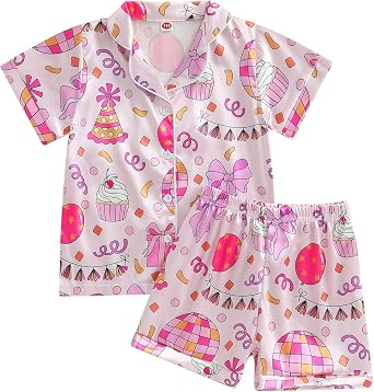 Toddler Girl Birthday Pajamas Silk Stain Pjs Cake Balloons Button Down Shirt 2PCS Sleepwear Set Kids Girls Nightgown