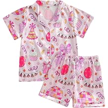 Biayxms Kids Baby Girl Birthday Silk Pajamas Set Cake Button Down Shirts Tops Shorts My Birthday Girls Satin Pj Sleep Sets