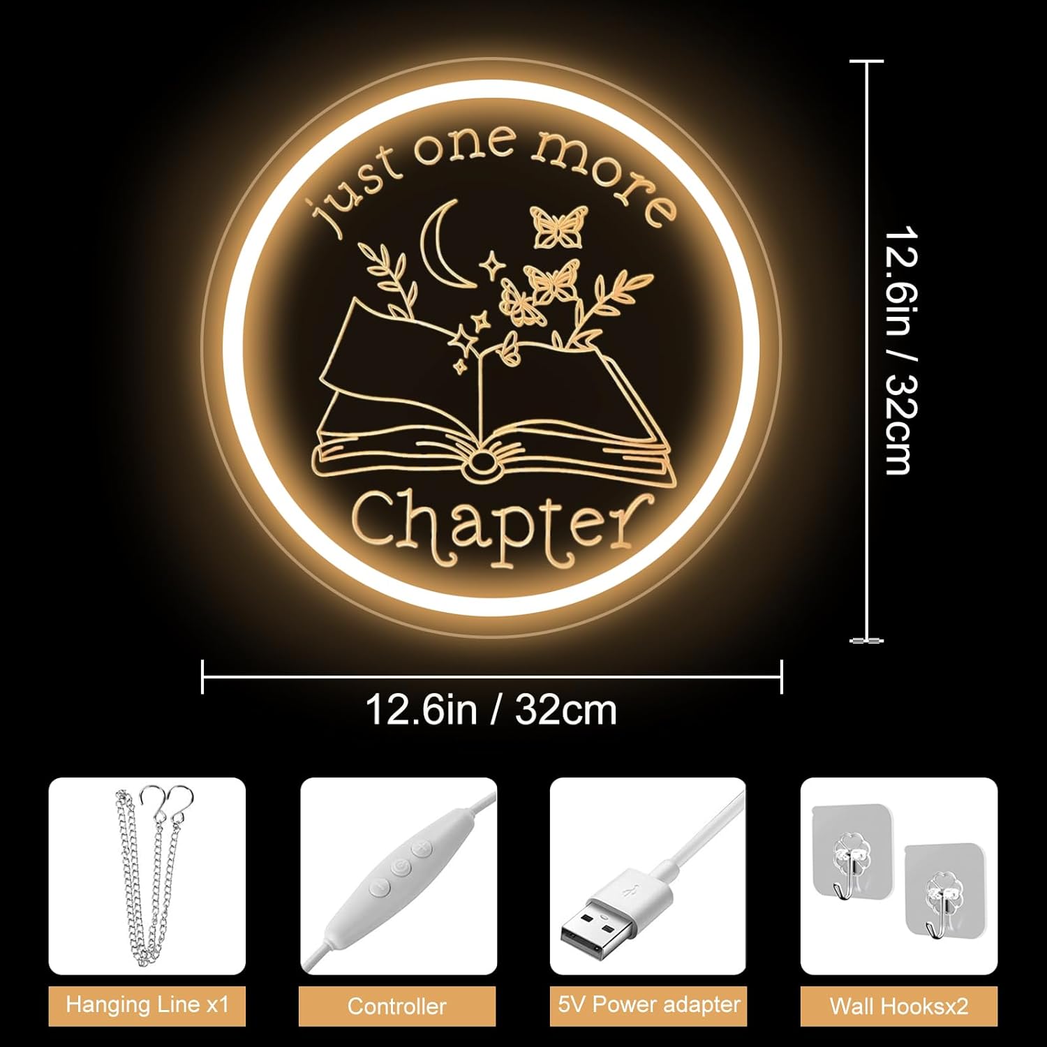 Just One More Chapter Neon Sign, Neon Sign Gifts for Readers Women Men Friends, Neon Light Ornament for Book Lover Bookish Bookworm, Bookshelf Wall Decor Aesthetic, read more books neon sign-12.6IN