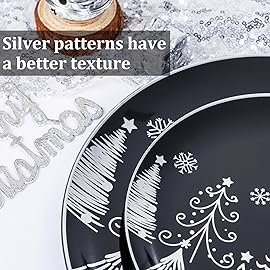 KIRE 150PCS Christmas Plates Disposable & Dinnerware Set for 25 Guests - Black & Silver Plates, Plastic Silverware & Cups With Silver Rim for Christmas Party Supplies