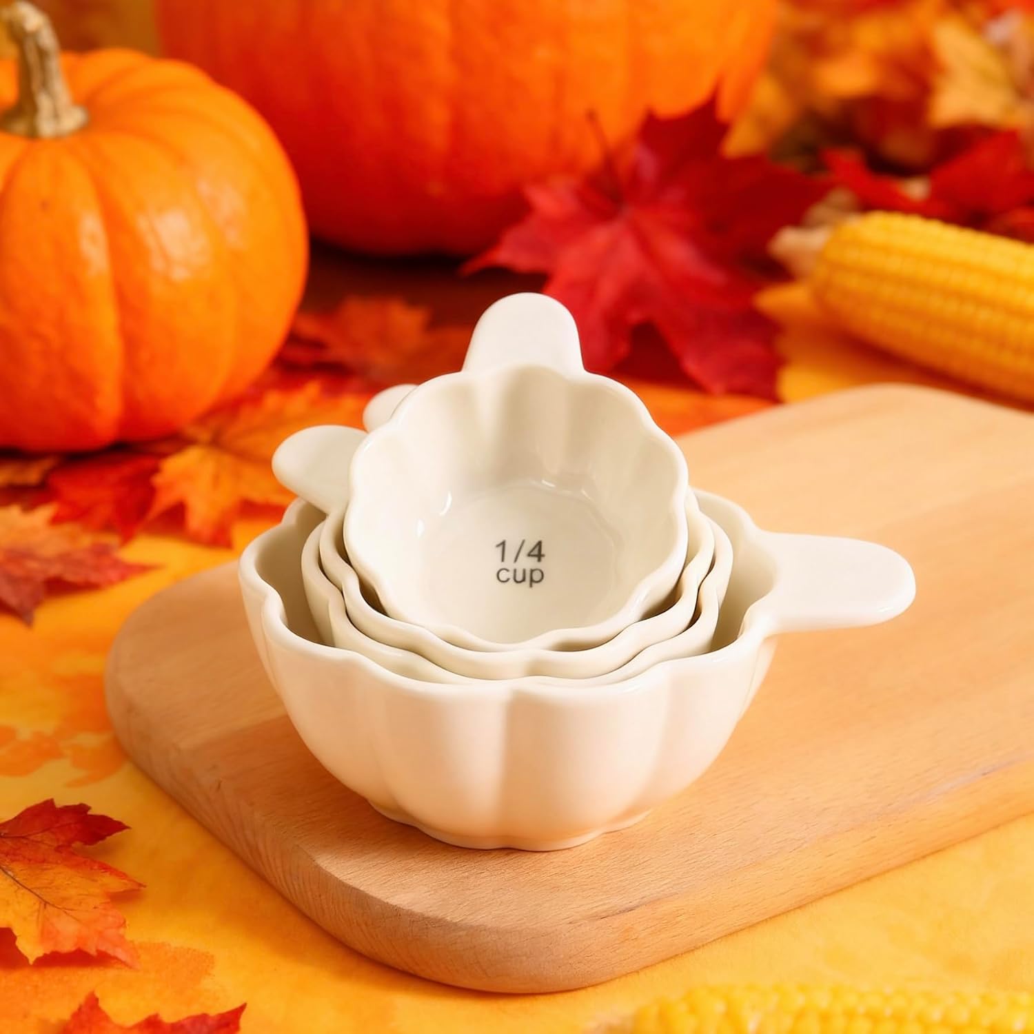 Pumpkin Ceramic Measuring Cups, 4-Piece Set, White