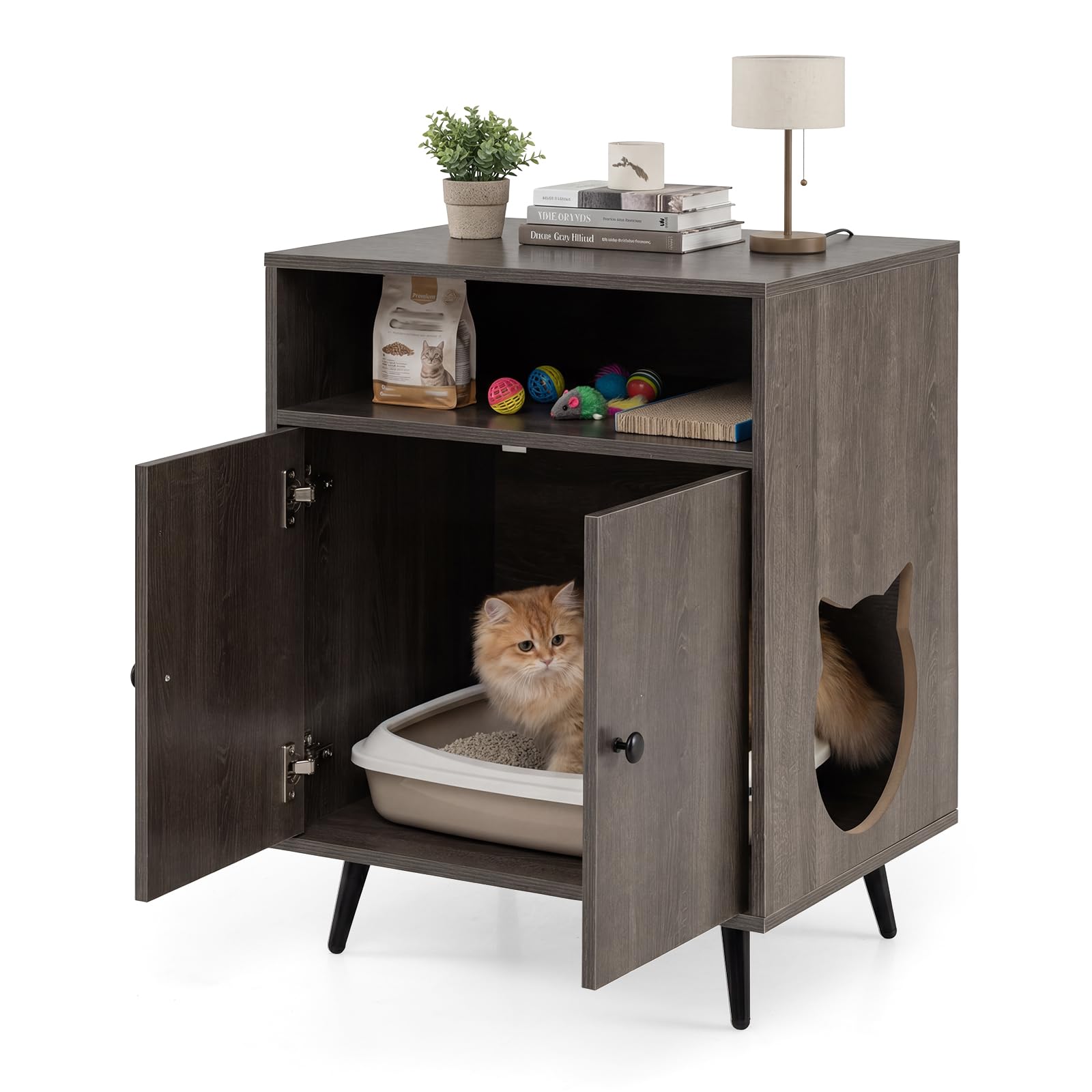 COSTWAY Cat Litter Box Enclosure, Wooden Hidden Kitty Washroom with Shelves, Cat Head-Shaped Entry, Indoor Cats House Side Table Nightstand (Oak Grey)