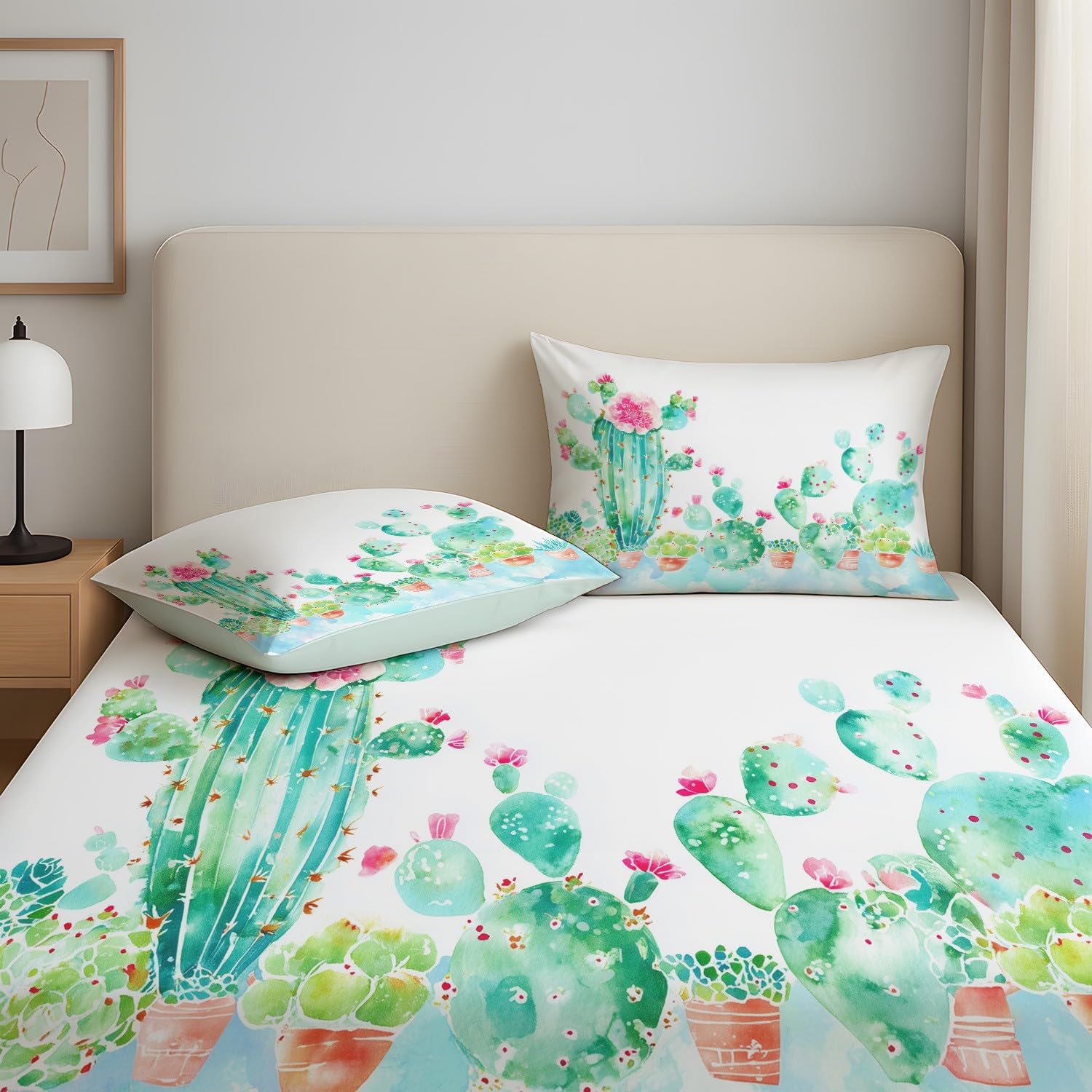 Aquarell Pflanze Spannbetttuch Frisch Kaktus Sukkulente Blume Spannbettlaken 140 x 200 x 30 cm 3teilig Mikrofaser Bettwäsche Set mit 2 Kissenbezüge 80 x 80 cm Kein Flachbettlaken
