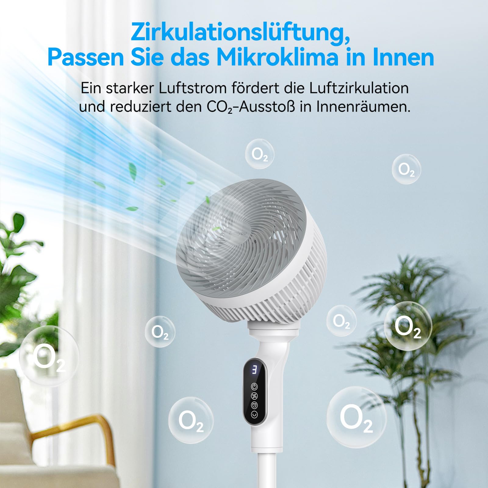 Smart Standventilator 100cm, Ventilator Leise 22dB, Turbo-Luftzirkulator mit 6 Modi, Windabstand 10 M, Oszillierend 90°, Fernbedienung Tastbildschirm, 9h Timer