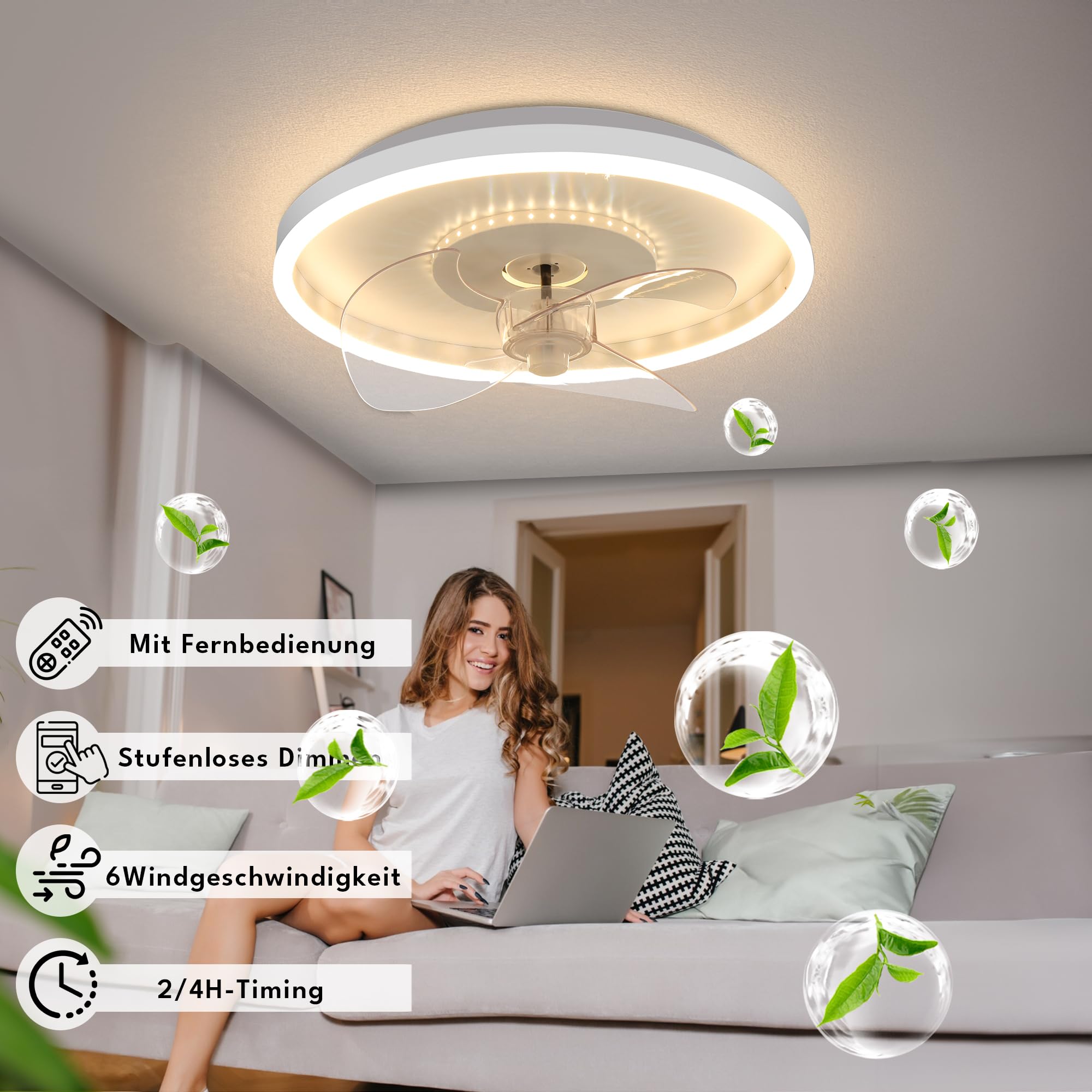 AOEH Deckenventilatoren Mit Beleuchtung LED Dimmbar Deckenlampe Mit Ventilator 6 Wind Modern Runde Leise Fan Deckenleuchte Mit Fernbedienung,52w Weiß Deckenventilator Für Schlafzimmer Wohnzimmer,50cm