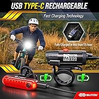 Vista 8 de BLITZU Juego de luces de bicicleta recargables USB-C 2023 con campana. Accesorios de bicicleta para conducción nocturna, ciclismo, potente faro