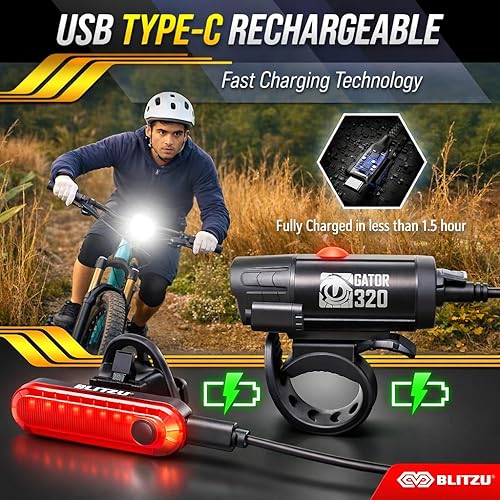 Miniatura 8 de BLITZU Juego de luces de bicicleta recargables USB-C 2023 con campana. Accesorios de bicicleta para conducción nocturna, ciclismo, potente faro