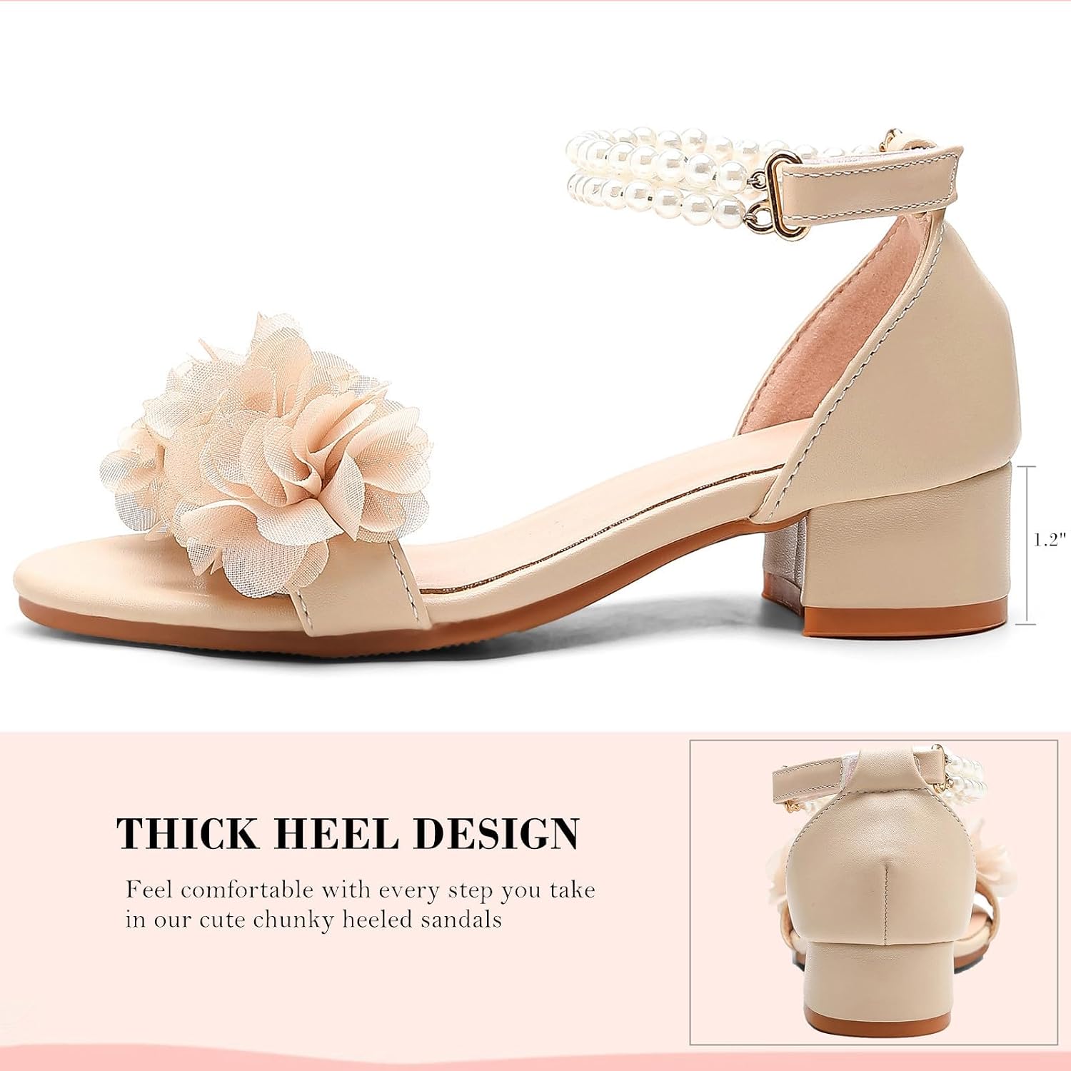 DADAWEN Girls Dress Shoes Sandals Open Toe Chunky Low Heels Pearls Ankle Strap Flower Girl Wedding Party Shoes for Toddler Little Big Kid