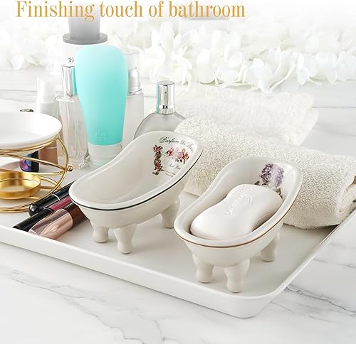 Miniatura 6 de Jabonera de baño de cerámica retro para ducha, 2 piezas, mini bañera de porcelana de 5.6 pulgadas, soporte de jabón autodrenante para decoración del