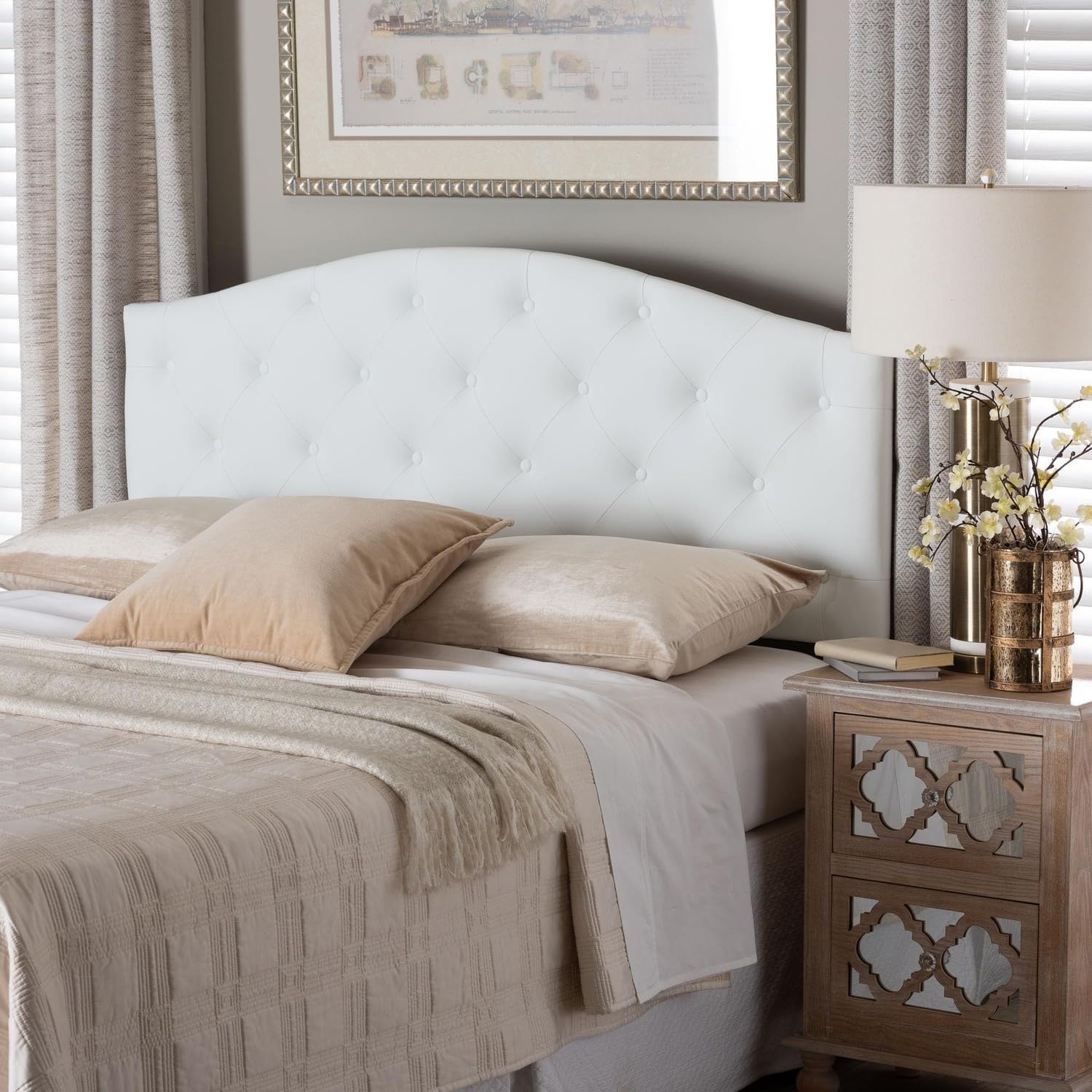 BOWERY HILL Modern Faux Leather Queen Panel Headboard, White Finish, Scalloped Design, Button-Tufted Upholstery, Adjustable Legs, Solid Wood Frame, Plush Bedroom Accent