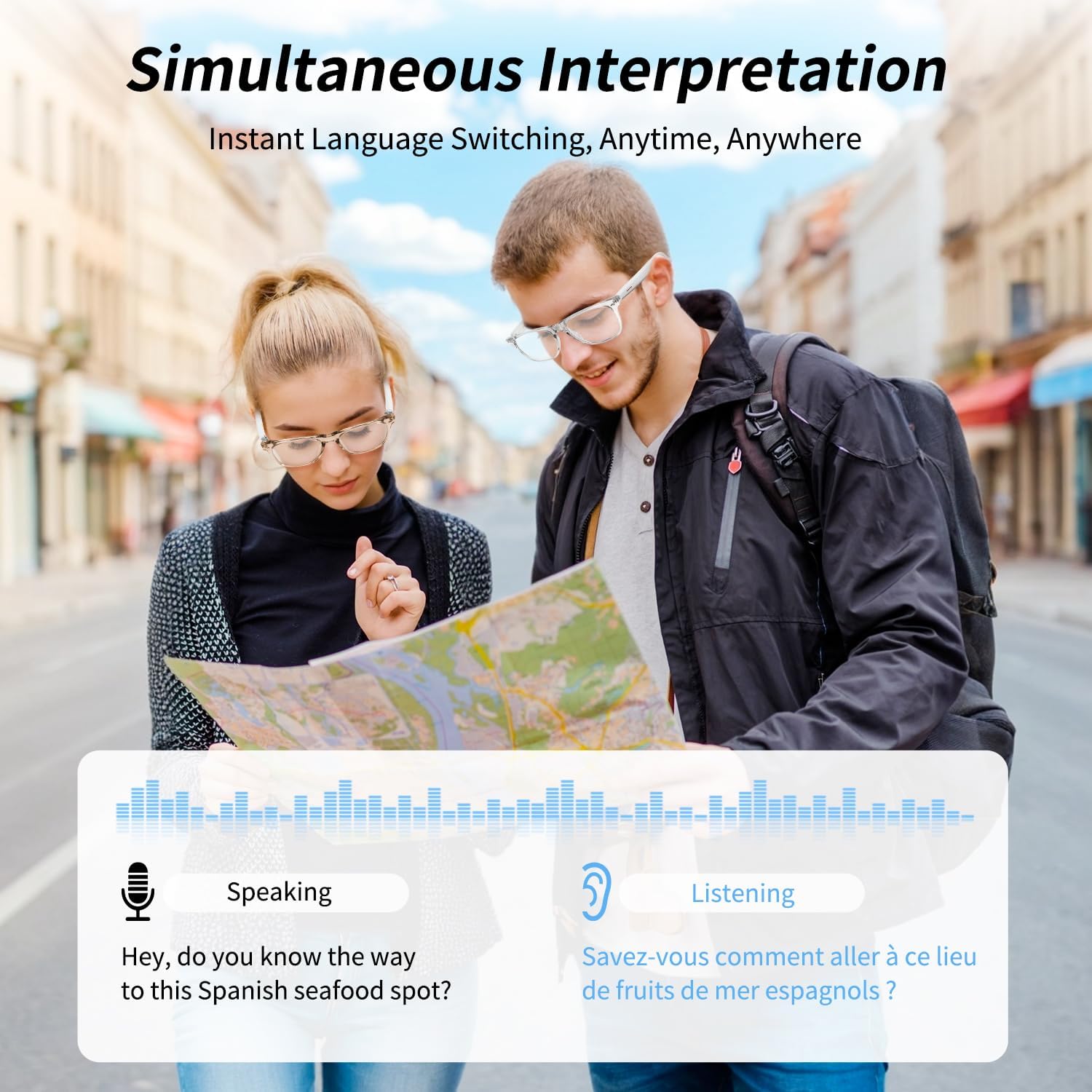 Smart Glasses, AI Bluetooth Glasses for Women/Men with 144 Language Instant Translation & Interpretation, Blue Light Filtering Photochromic Transition Lenses, Touch Control and Voice Control