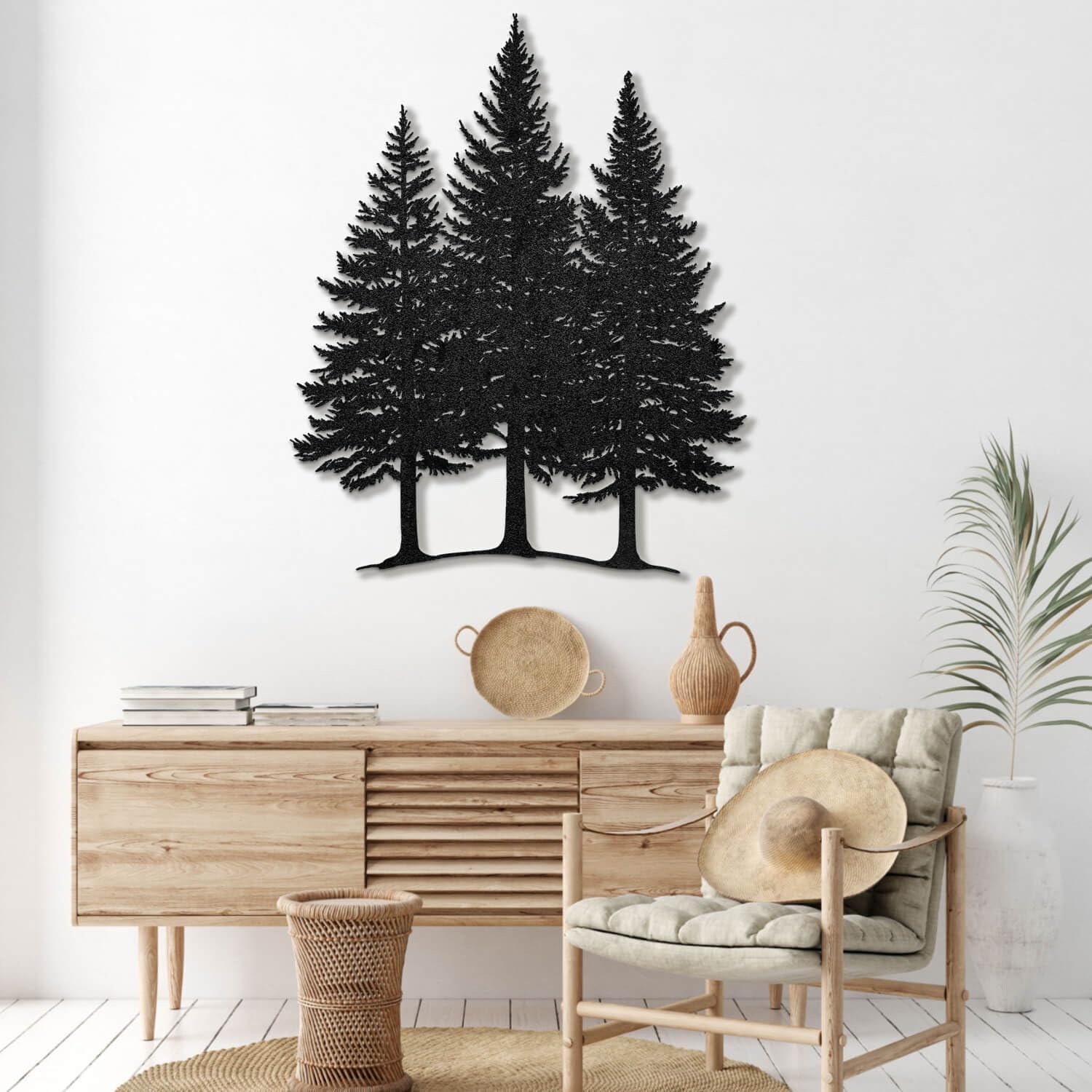Flewfar Metal Pine Tree Wall Art, Winter Trees Wall Decor, Metal Wall Art with Trees, Large Pine Tree Metal Farm Decor, Wall Art for Home Living Room Office (Black, 15" x 19" / 39 x 47cm)