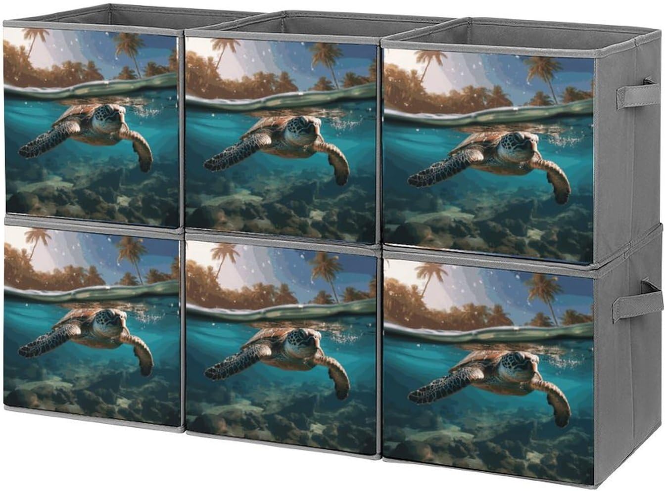 Palm Trees And Sea Turtles Diving Underwater Storage Cubes Set of 6 Storage Bins with Handles Collapsible Storage Basket Fabric Storage Box for Shelves Large Closet Shelf Organizer for Organization 11