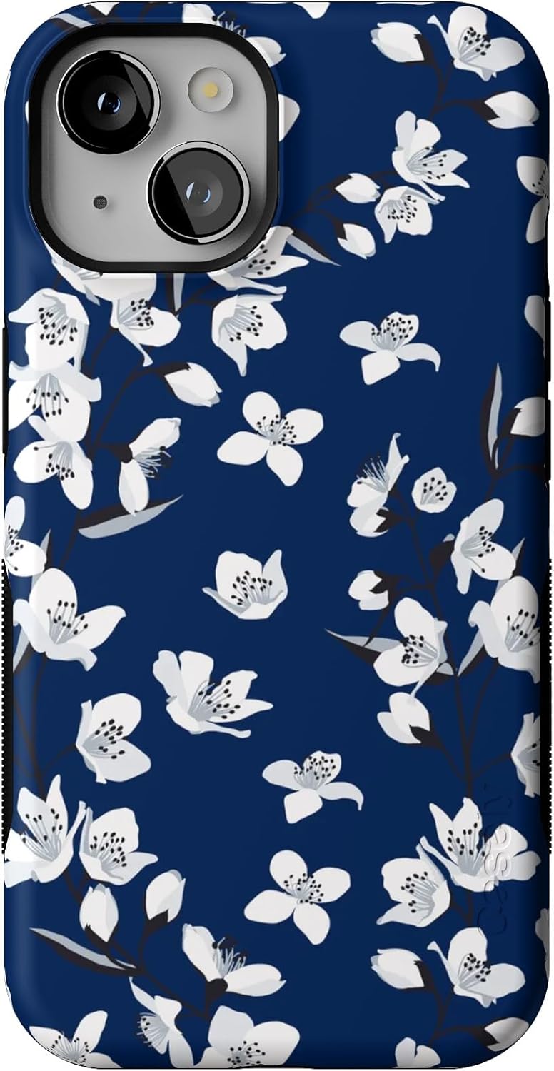 Casely iPhone 14 Case | Floral Forest | Navy Cherry Blossom Floral | Bold Protective Design | Compatible with MagSafe