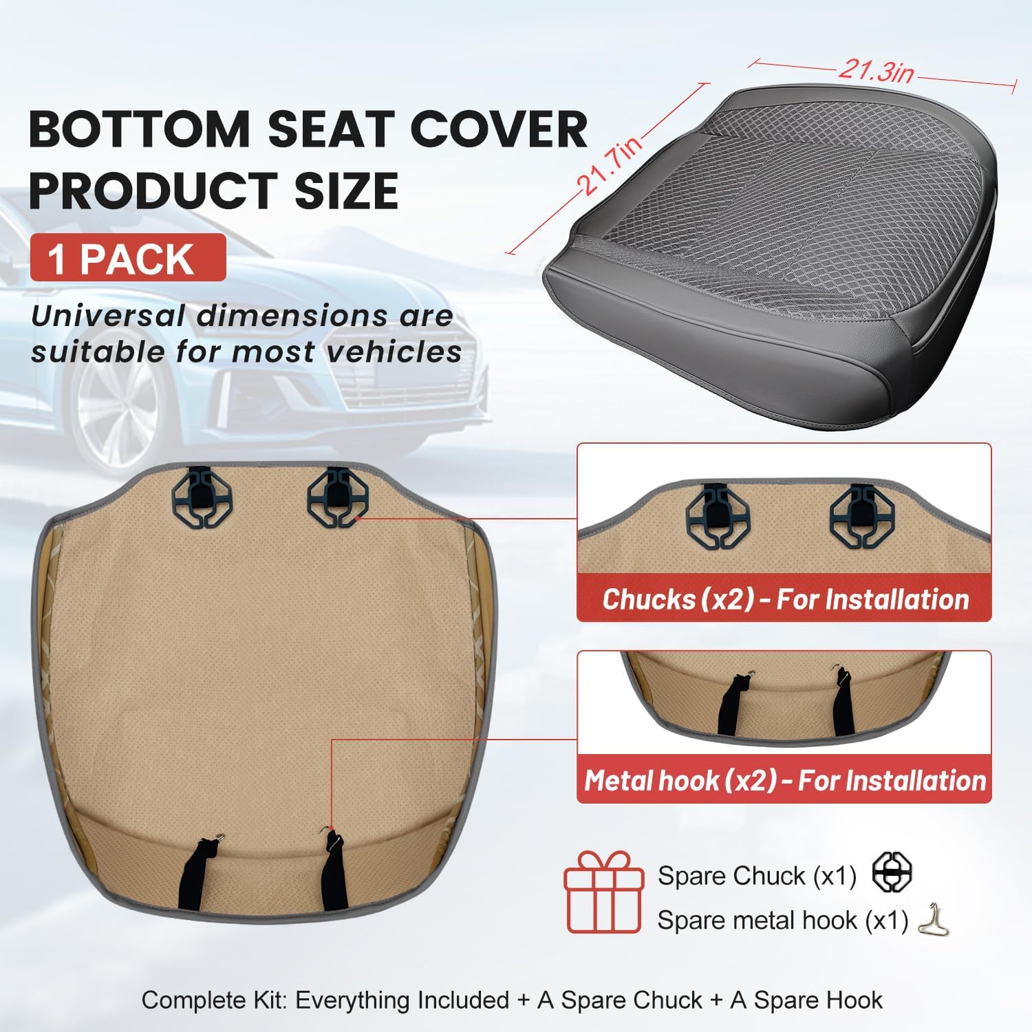 1 Pack Gray Ventilated Bottom Car Seat Cover, 3D Air Mesh Breathable Front Leather Car Seat Protectors, Universal Fit Automotive Comfortable Seat Cushion with Storage Pocket for Car Truck SUV