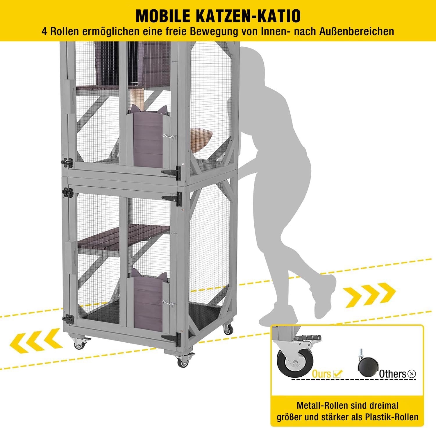 Aivituvin Katzengehege für Außenbereich, mobiles Katzenhaus Haustiergehege mit Rollen, ausgestattet mit Ruhebox, Hängematten und wasserfester Abdeckung (Grau, M)