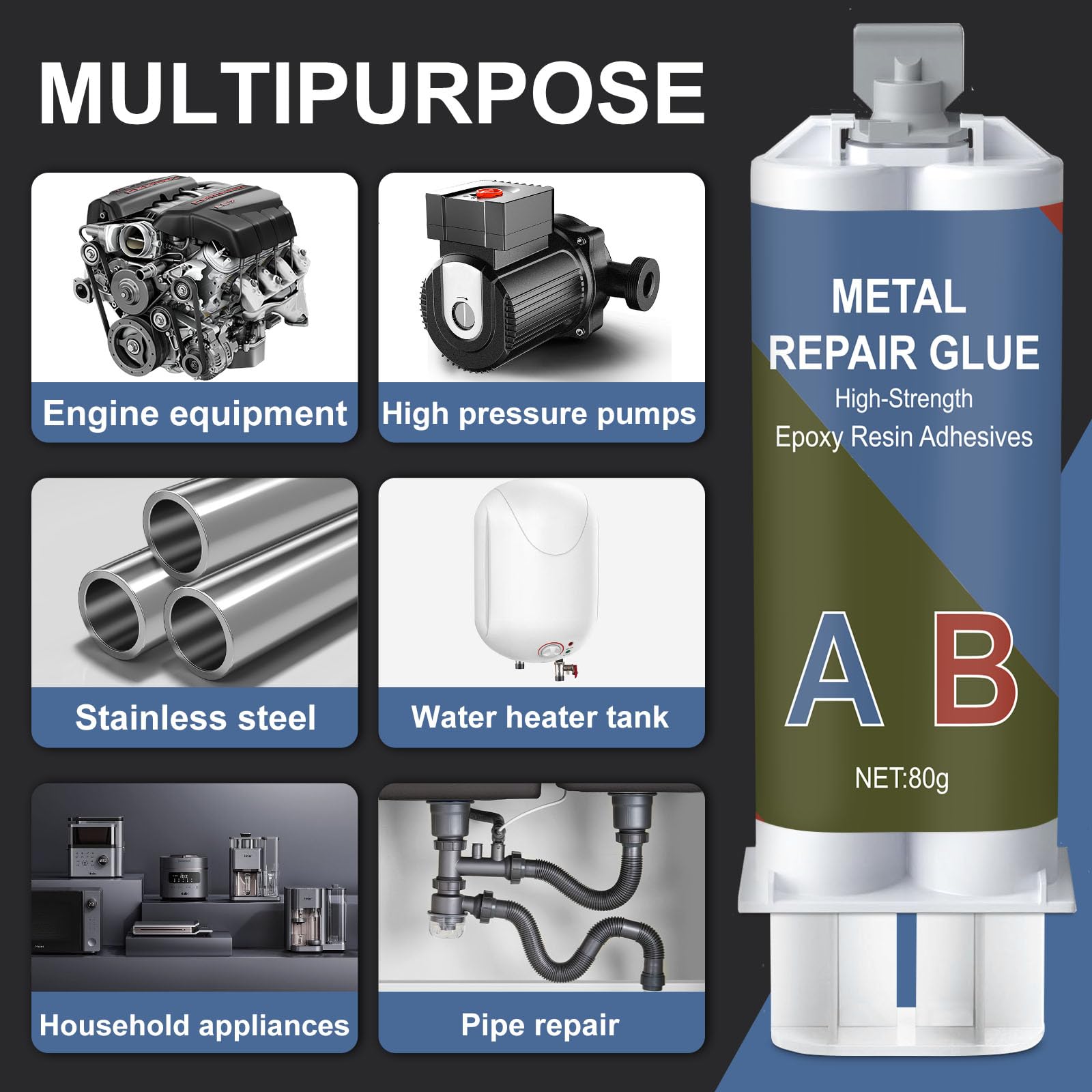 80 g de pegamento para metal, 2 componentes, resina epoxi, pegamento extra fuerte para pegar metal, acero inoxidable, madera, cerámica – pegamento de soldadura de metal líquido para reparar, hierro