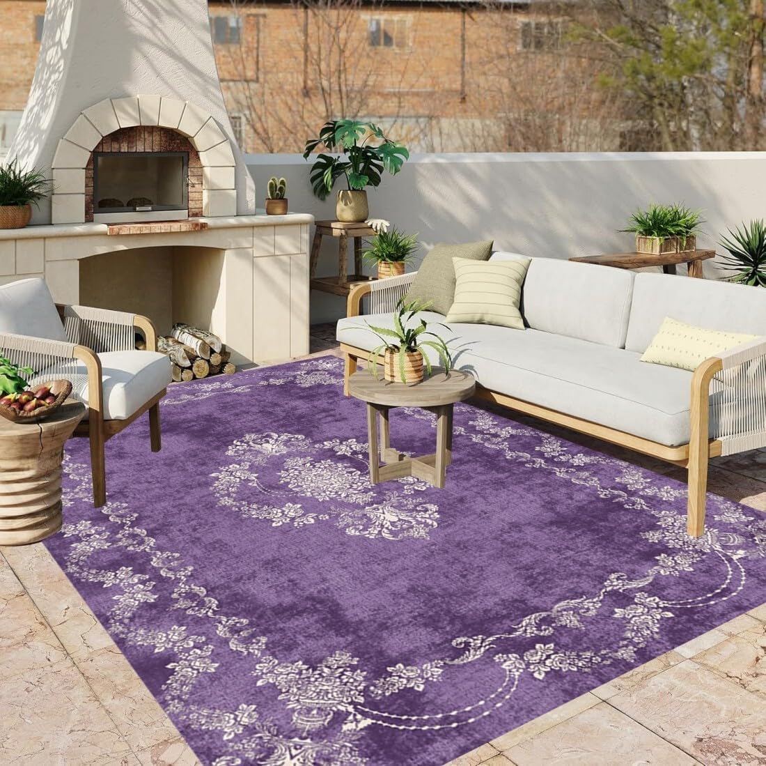 4x6 Waterproof Outdoor Rug Purple Beige Vintage Floral Pattern Thin Easy Clean Quick Dry Non Slip Durable Indoor Outside Carpets for Deck Camper Porch Balcony Backyard Picnic Farmhouse Rugs