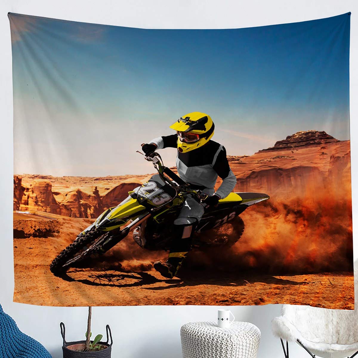 Arazzo ABAKUHAUS Motocross 140x230 Cm - Decorazione Murale In Microfibra Nero E Bianco
