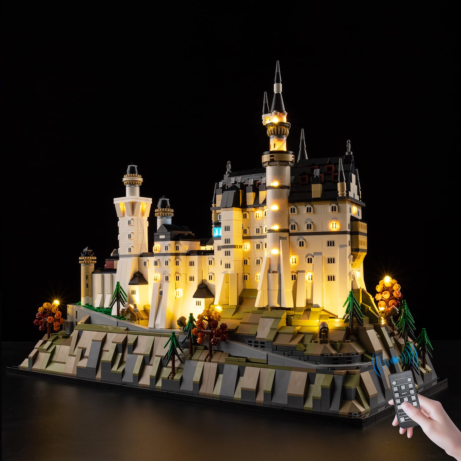 BrickSoul LED RC Light Kit box and illuminated LEGO Neuschwanstein Castle 21063 model
