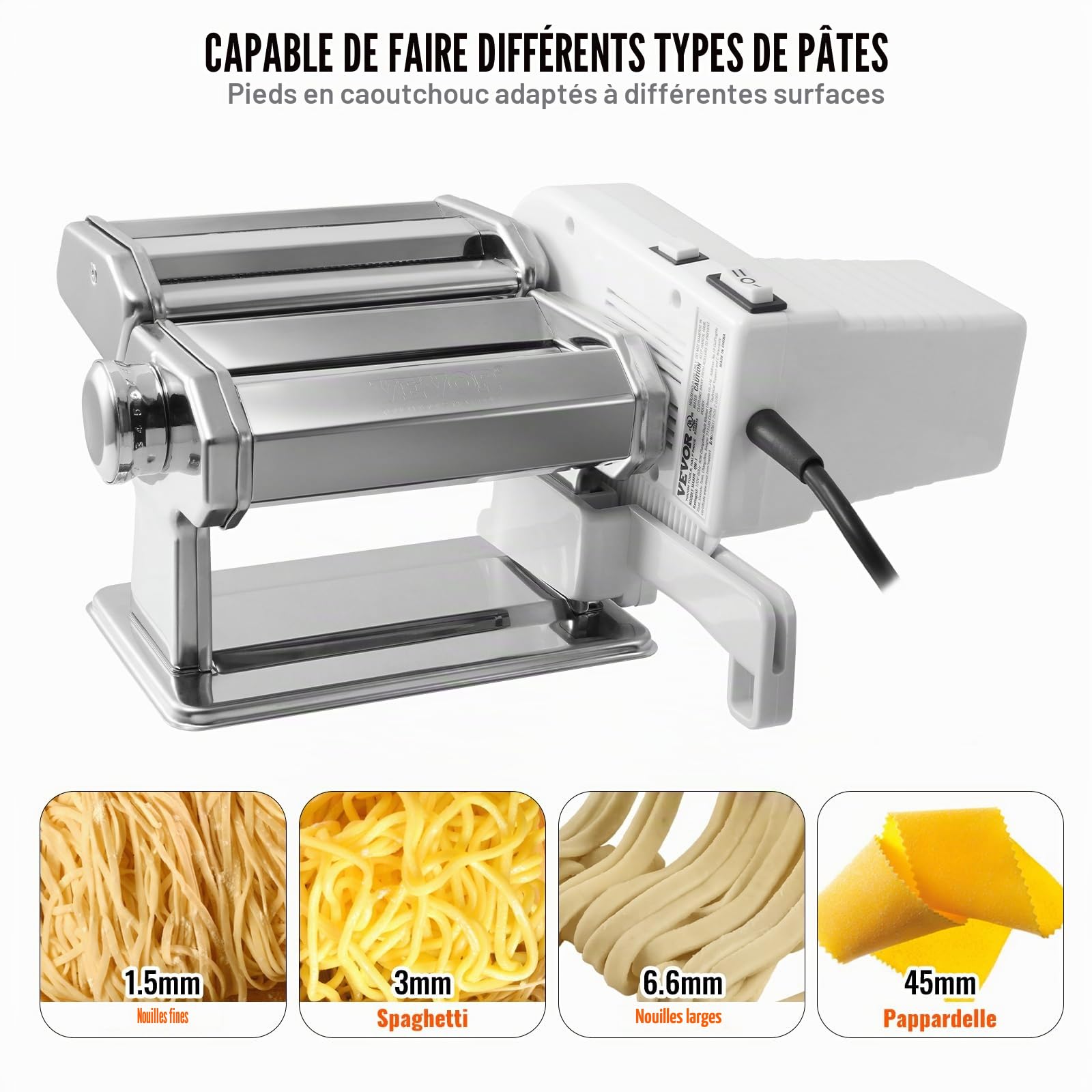 VEVOR Machine à Pâtes Électrique Acier Inox Machine à Pâtes Fraîches Italiennes 9 Épaisseurs 0,3-3 mm Largeur 1,5/6,6 mm 3/45 mm Manivelle Incluse pour Spaghettis Emballages de Boulettes et de Ravioli