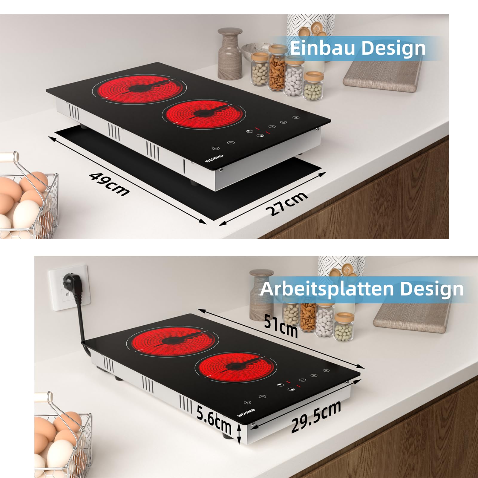WEHIMO Glaskeramikkochfeld 2 Platten 3000W 29.5cm Domino Kochzonen Berührungssteuerung Kindersicherung Timer