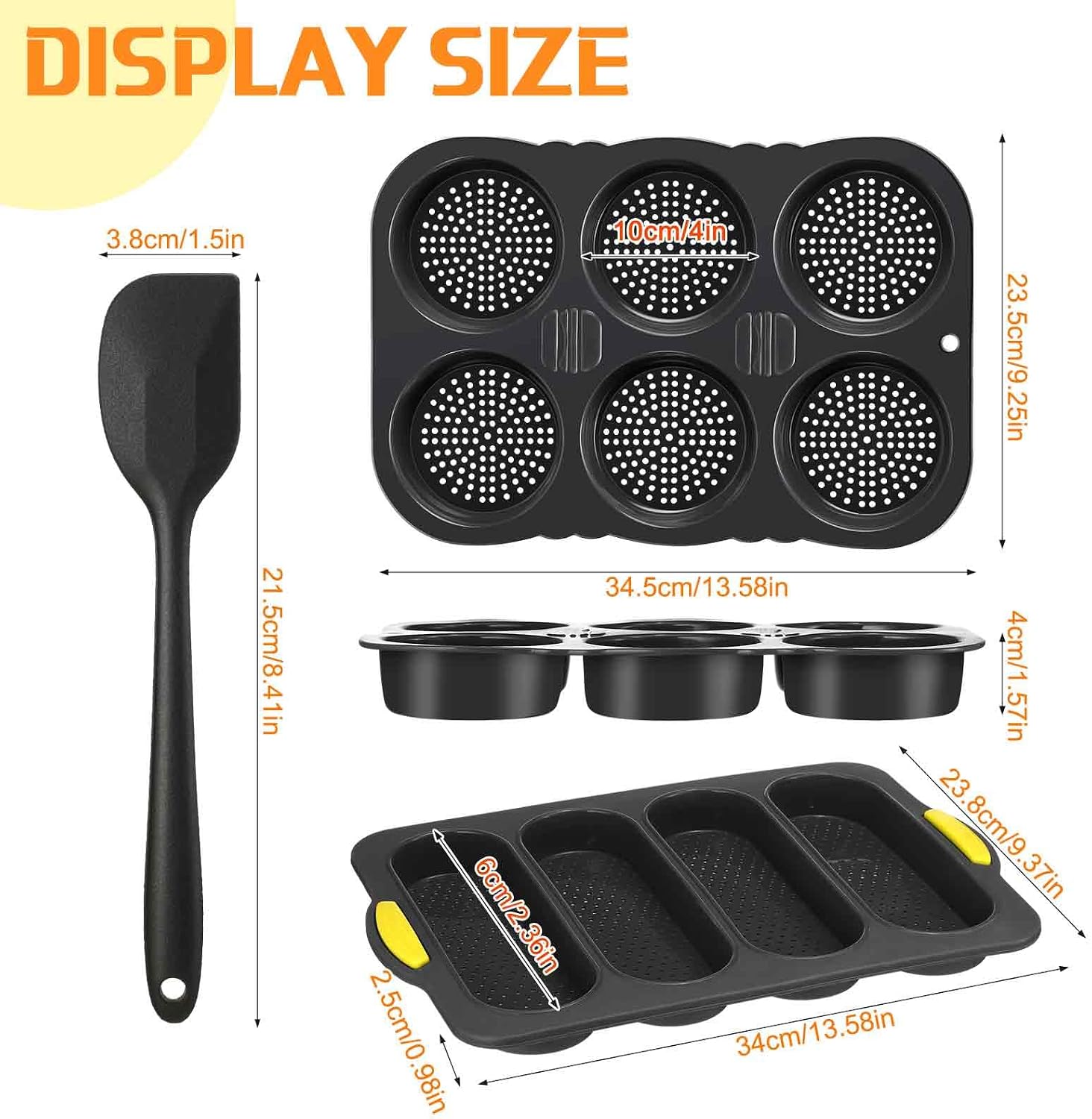 FillTouch Set of 3 Silicone Baguette Pan and Hamburger Bun Pan Set with Spatula Nonstick 4 Wave Baguette Baking Tray 6 Cup Hamburger Bun Mold for Homemade Bread Loaf Sandwich, Oven Safe