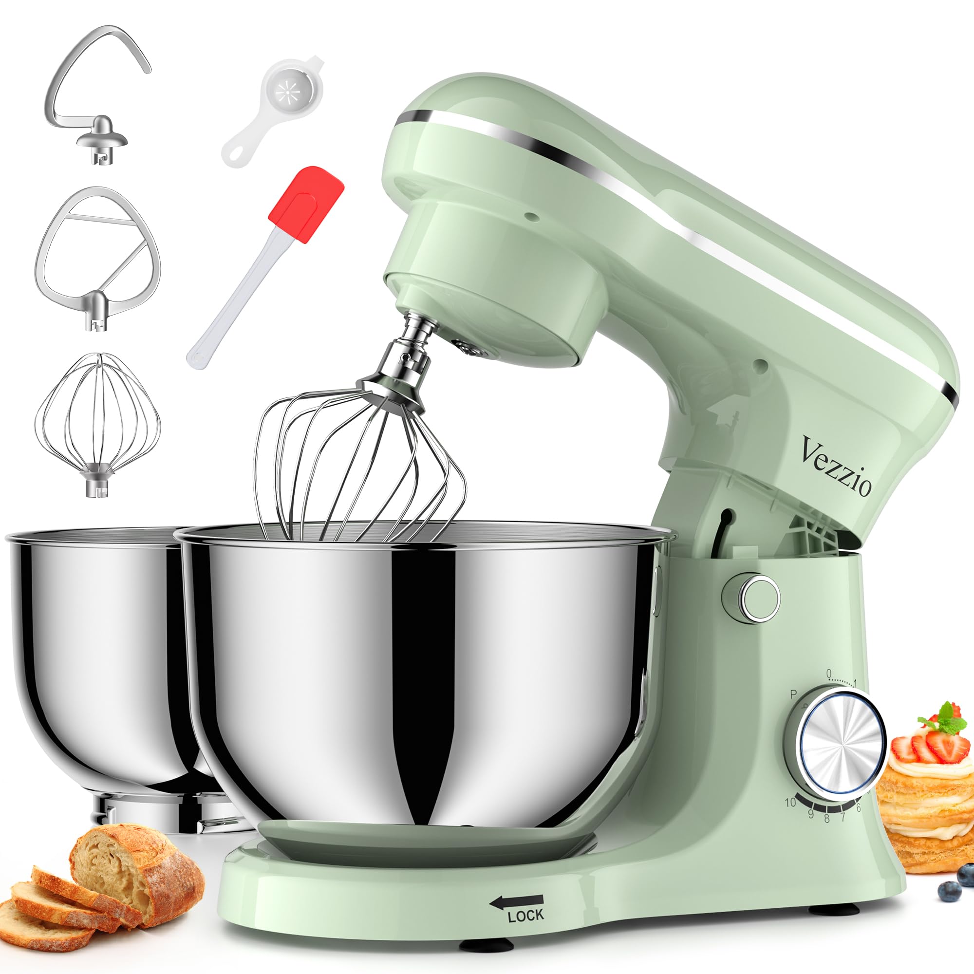 Vezzio Batidora Amasadora de Repostería 1500W, Doble Cuenco de Acero Inoxidable (5 QT y 6 QT), 10 Velocidades, con Batidor, Gancho y Varilla Plana, Ideal para Cocina y Repostería en Casa(Verde)