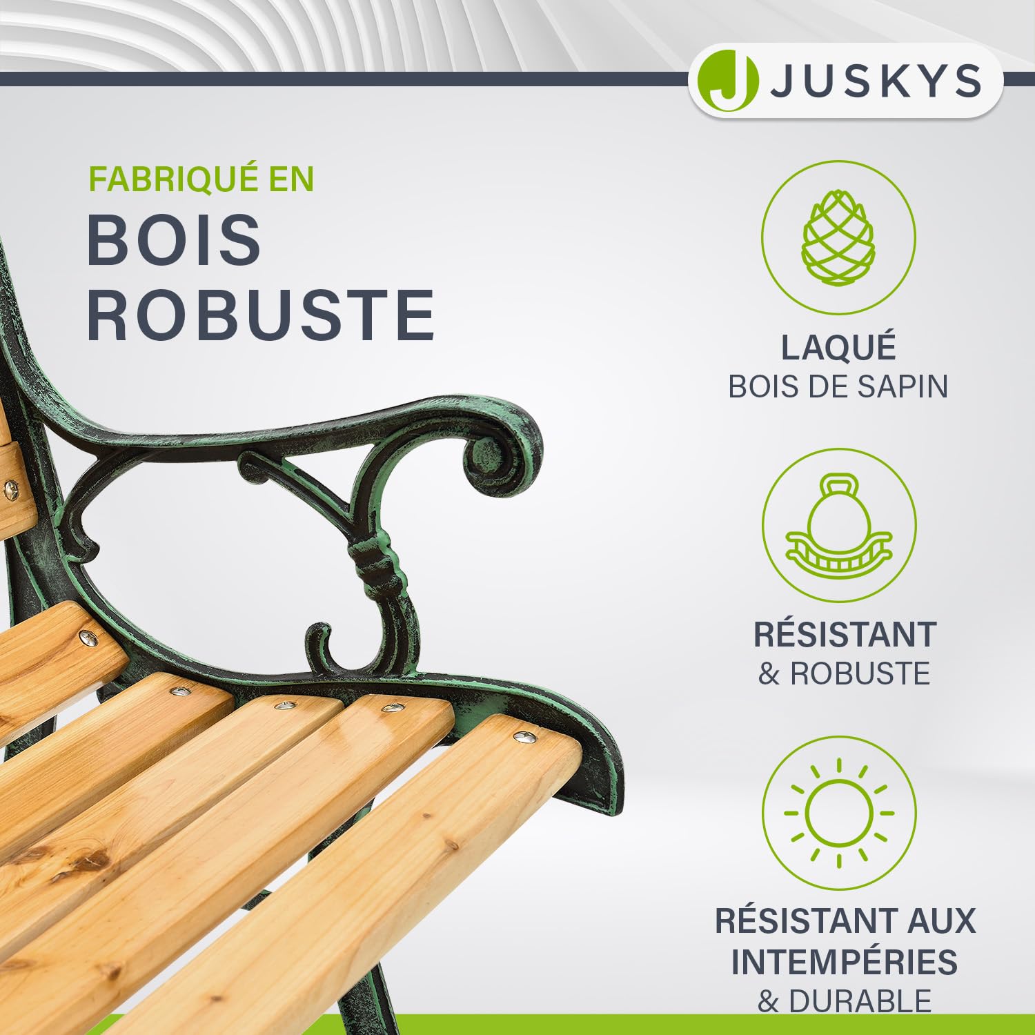 Juskys Banc de Jardin - Banc en Bois 2 Places avec accoudoirs & Dossier - Banc résistant aux intempéries 122x54x73 cm - éléments latéraux en Fonte- Naturel, Modèle Venezia