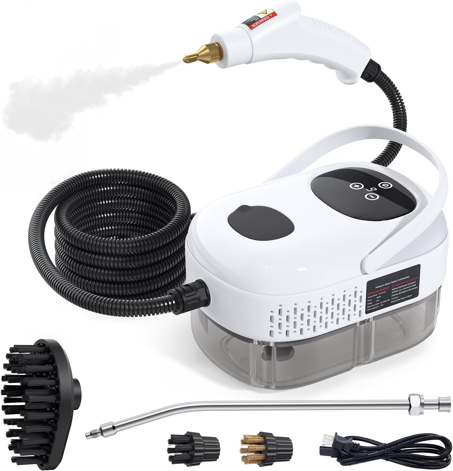 Irishom 2500W Steam Cleaner, High Pressure High Temperature Steam Cleaning Machine, 1000ml, 3 Bar with 3 Brush Heads (White)