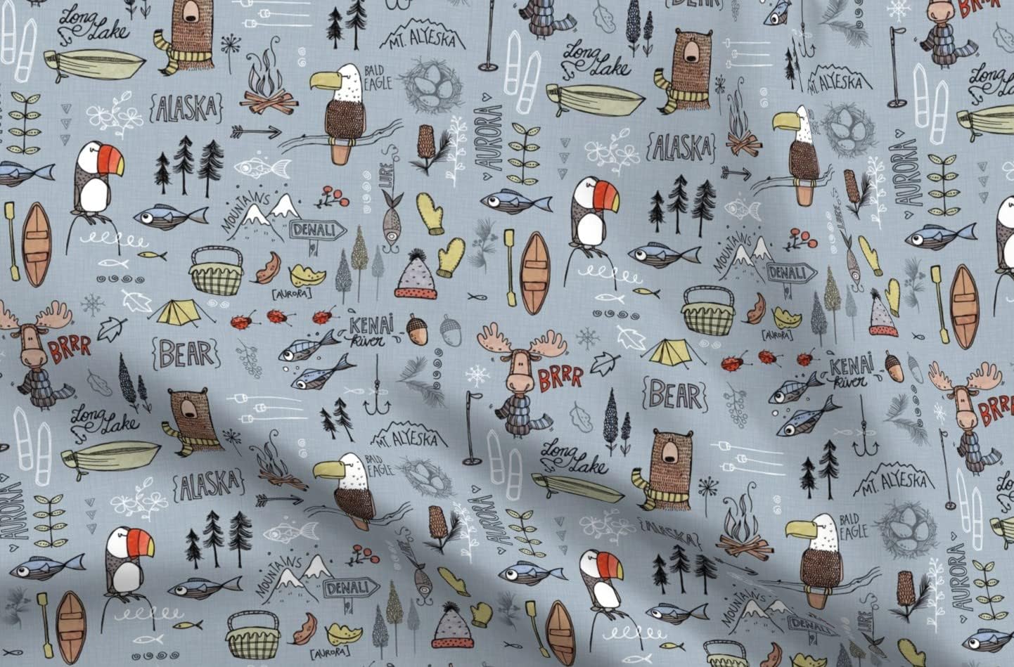 Spoonflower Fabric - Alaskan Adventure Blue Alaska Bear Moose Fishing Camping Printed on Minky Fabric by The Yard - Sewing Baby Blankets Quilt Backing Plush
