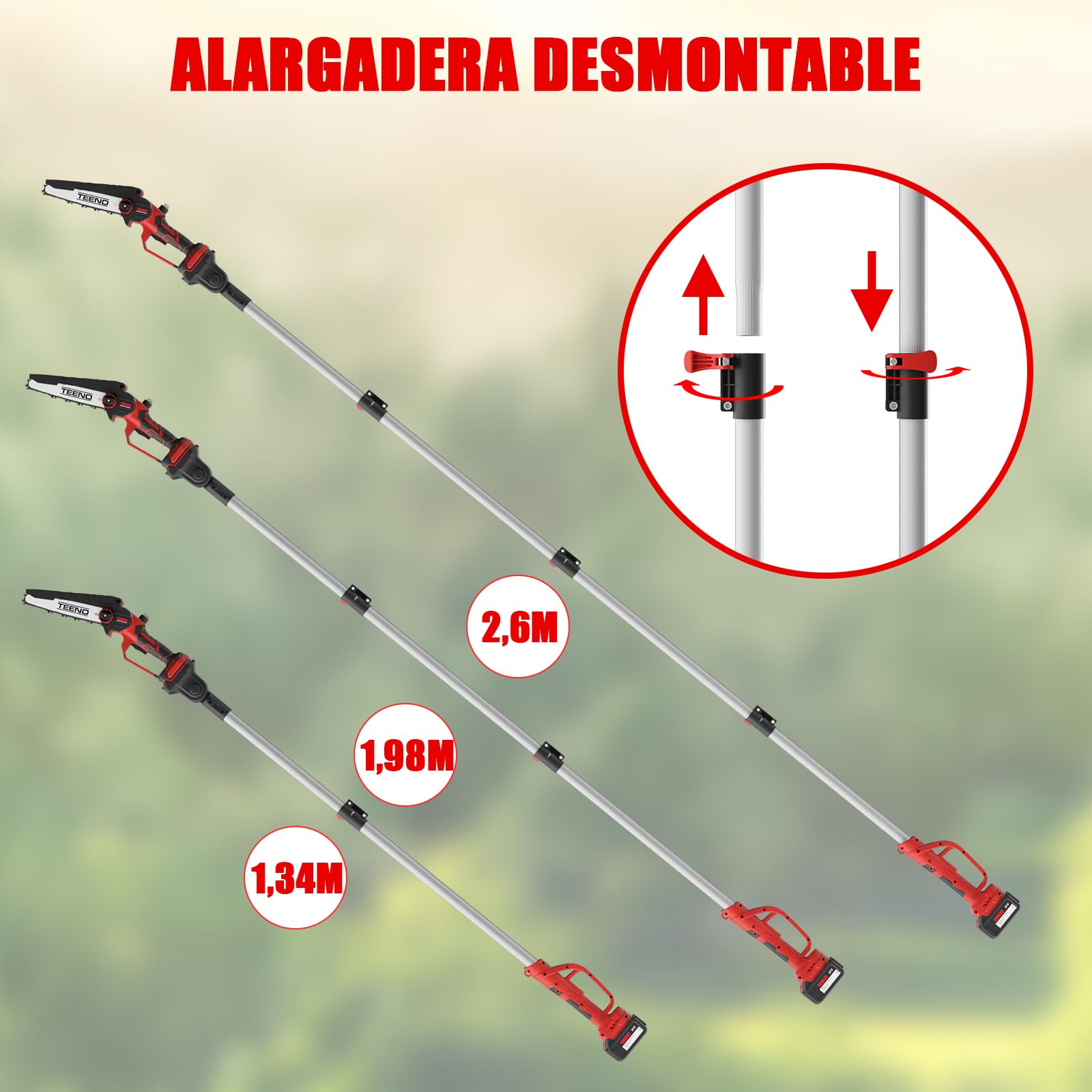 motosierra eléctrica TEENO,Sierra Electrica Podar Arboles 2 en 1, cortadora de ramas telescópica eléctrica, pértiga telescópica, 6 pulgadas, batería 2 * 4000 mAH