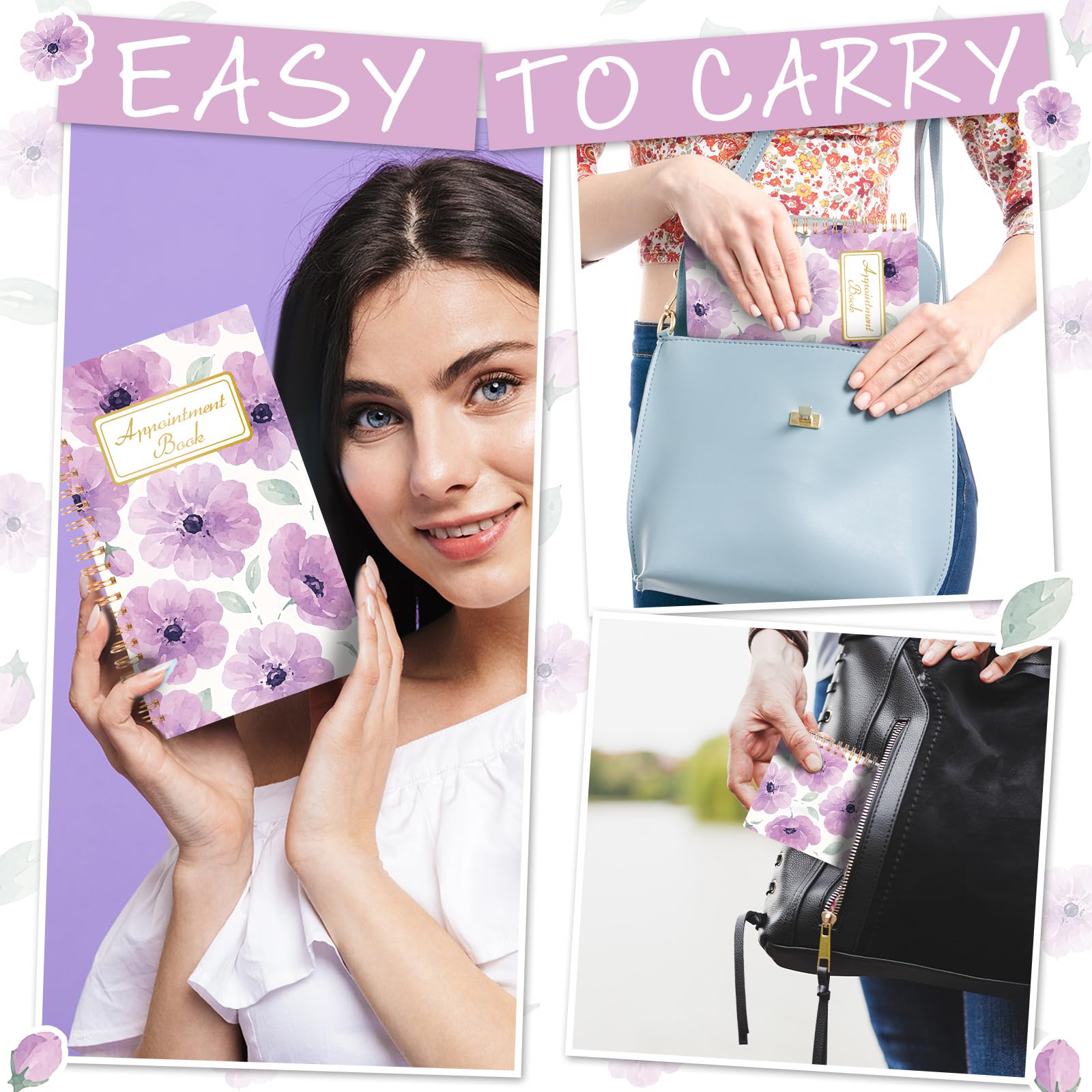 ReliThick Salon-Terminkalender, 12 x 20 cm, 2025, Taschen-Wochenplaner, Mini-Größe, Blumen-Kalender, Terminbuch, 108 Seiten, 53 Wochen, für Frauen, Arbeit, Geschäft (lila Blumenmuster)