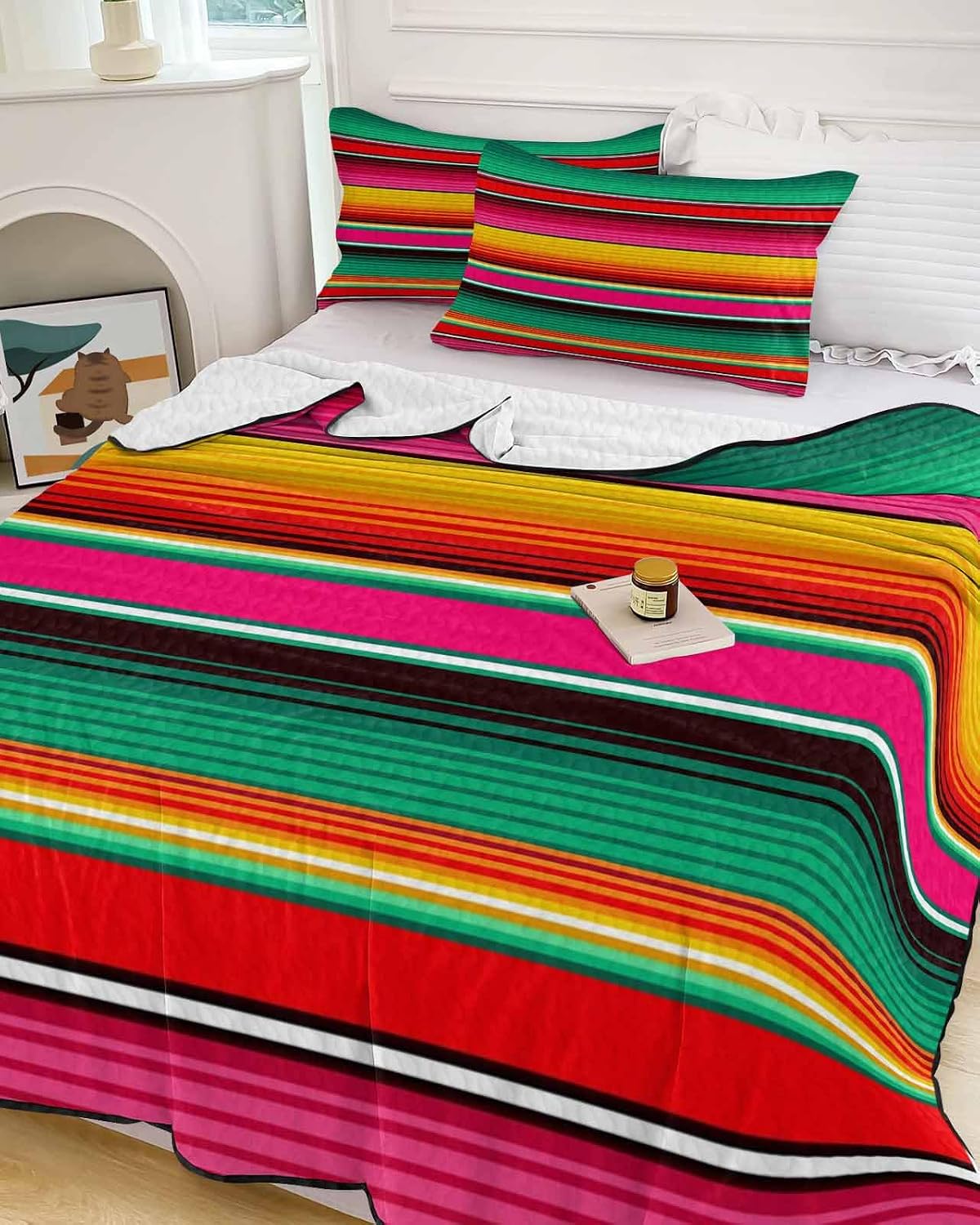 Full Size Quilt Set, Vintage Mexican Stripes Abstract Lightweight Bedspread Coverlet Set Soft Microfiber Summer Quilt with 2 Pillow Shams, Native American Stripe 3 Piece Comforter Bedding Set