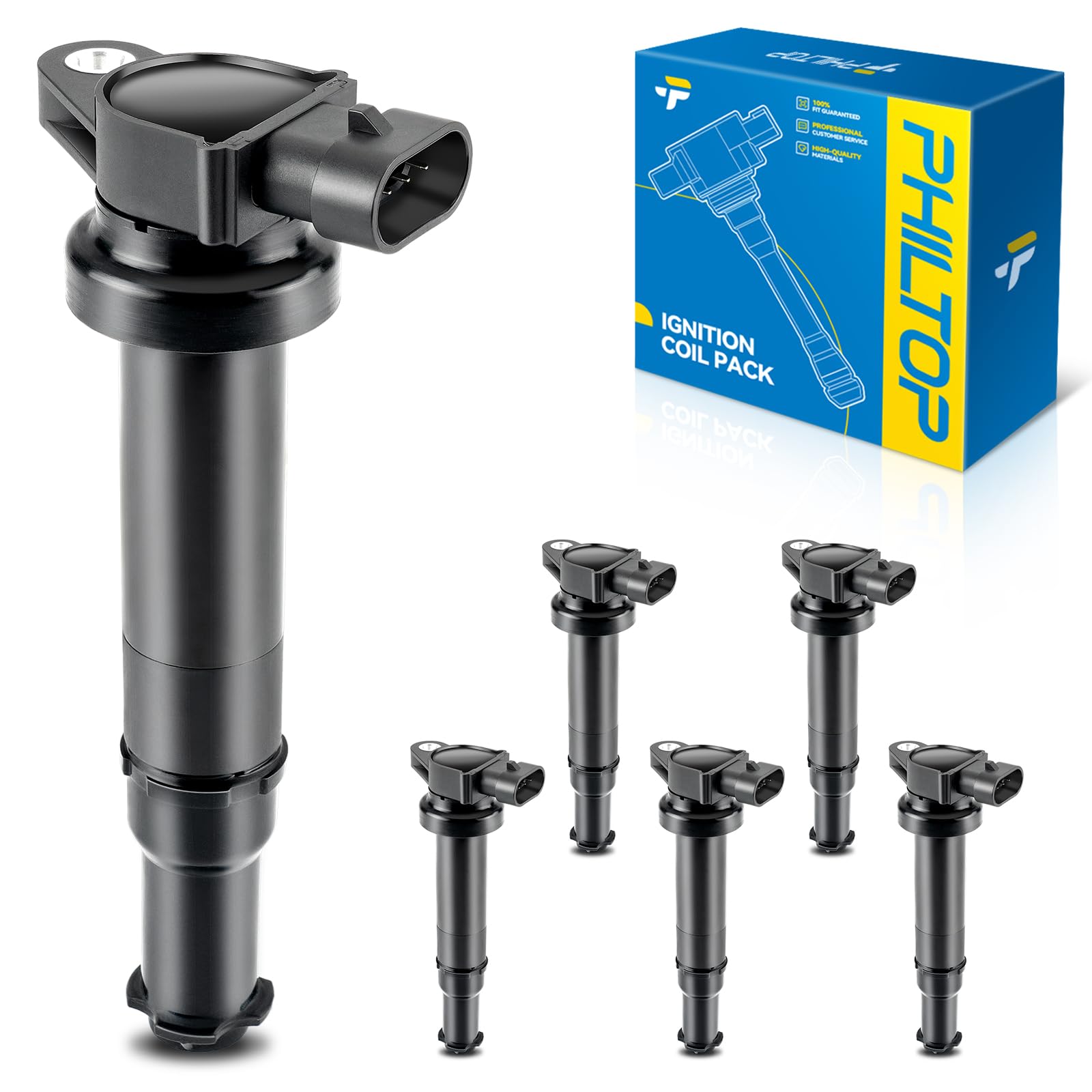 PHILTOP 6 Packs Ignition Coil UF554 Fit for Kia Optima 2006 Hyundai Santa Fe 2007 2008 2009 V6 2.7L Replacement for UF554, 273013E100,5C1782, CUF2419, 1788355, GN10441, 6738302