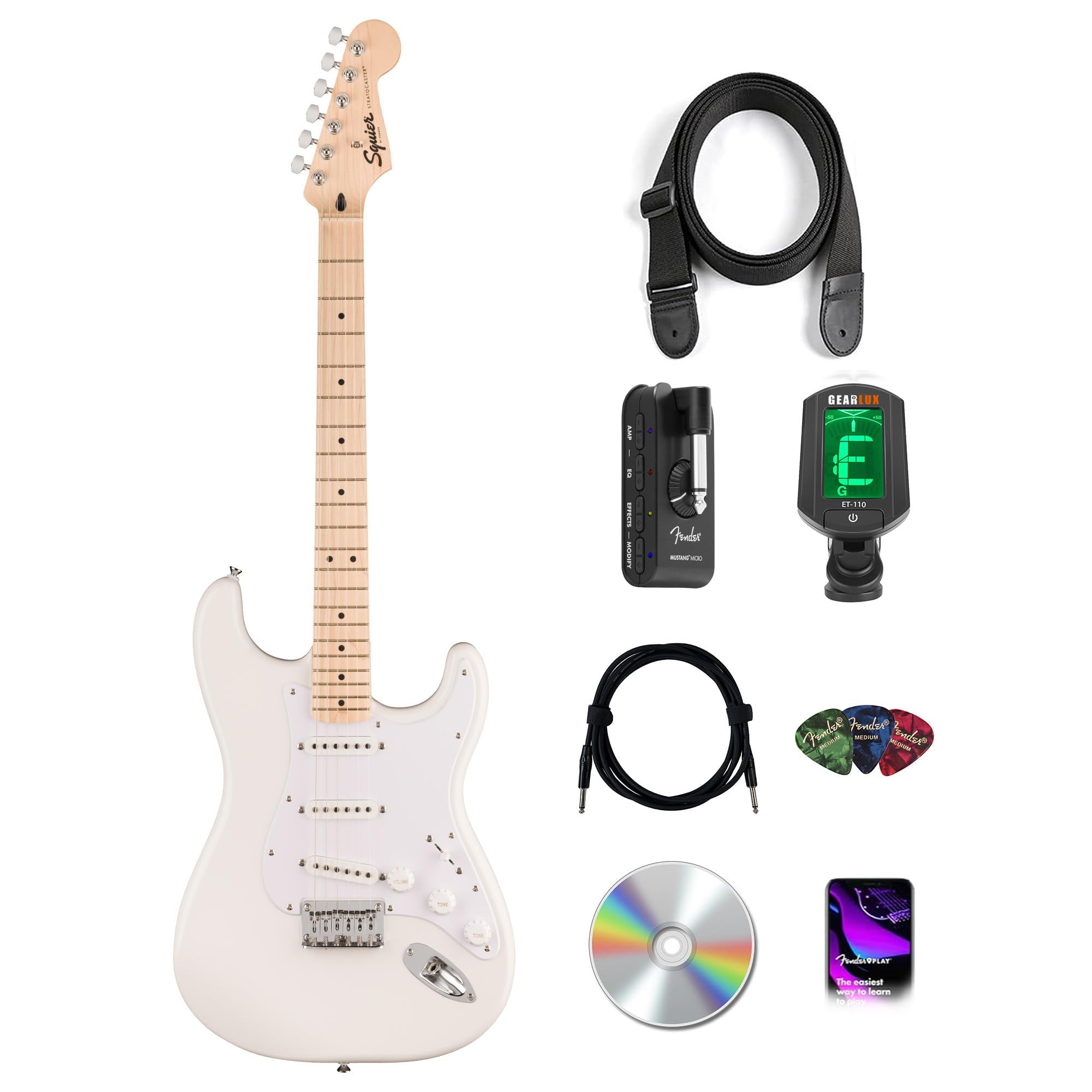 Fender Squier Sonic Stratocaster HT - Arctic White Bundle with Mustang Micro Headphone Amp, Cable, Tuner, Strap, Picks, and Austin Bazaar Instructional DVD