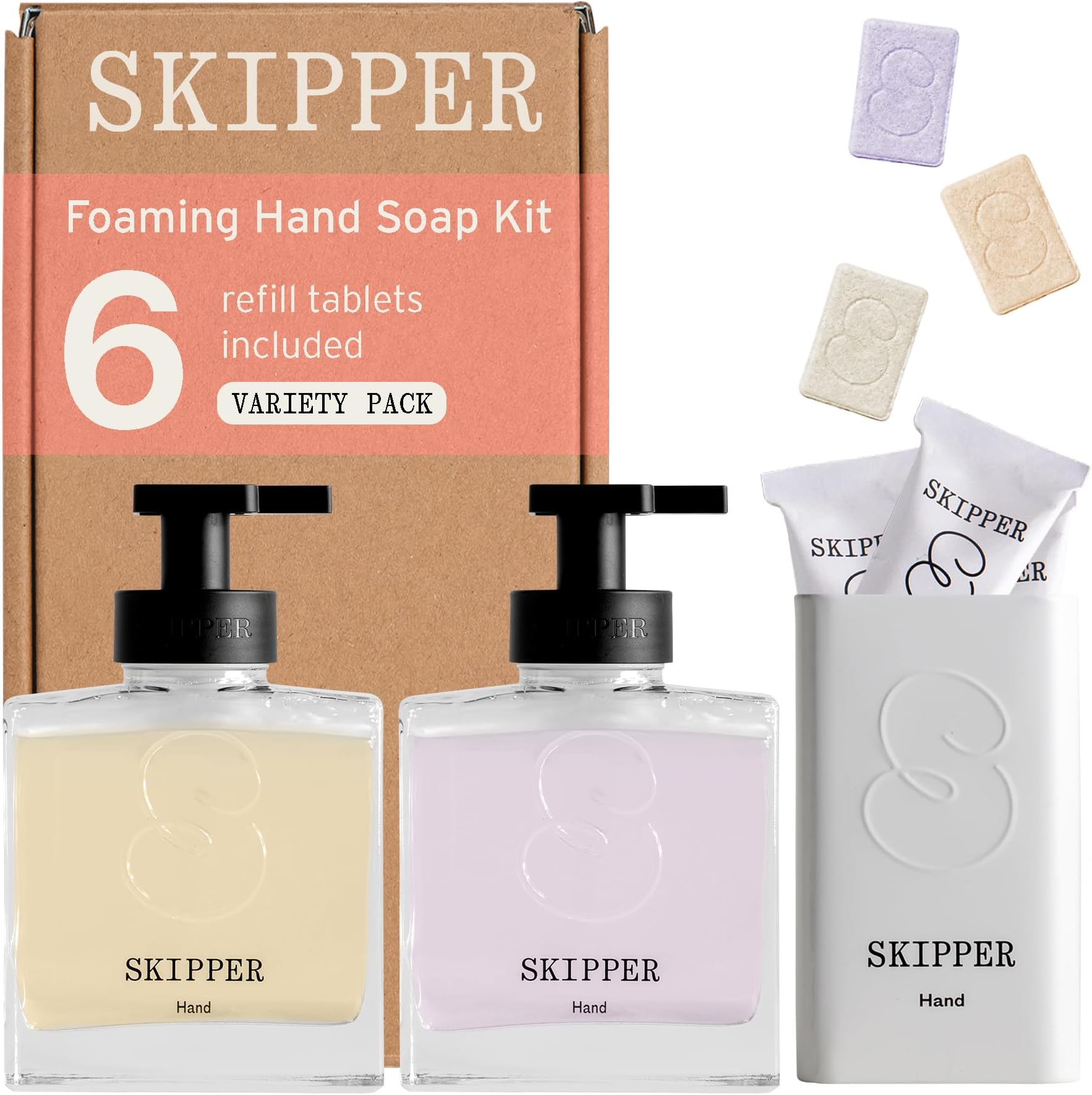 Tirtyl Skipper Hand Wash Duo Kit Glass - 2 Glass Foaming Dispensers + 6 Tablet Refills (6x 250ml bottles of soap) + 1 Storage Tin - Variety Fragrances