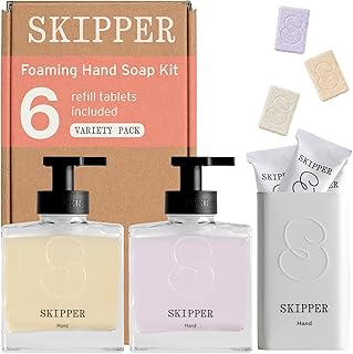 Tirtyl Skipper Hand Wash Duo Kit Glass - 2 Glass Foaming Dispensers + 6 Tablet Refills (6x 8 fl oz bottles of soap) + 1 Storage Tin - Variety Fragrances