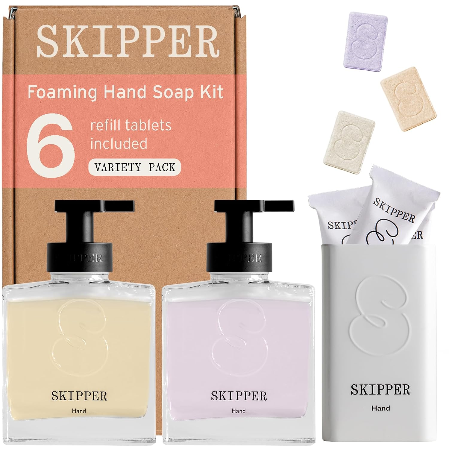 Tirtyl Skipper Foaming Hand Wash Duo Kit Glass - 2 Glass Foaming Dispensers + 6 Tablet Refills (6x 8 fl oz Bottles of Soap) + 1 Storage Tin - Variety Fragrances - Moisturizing