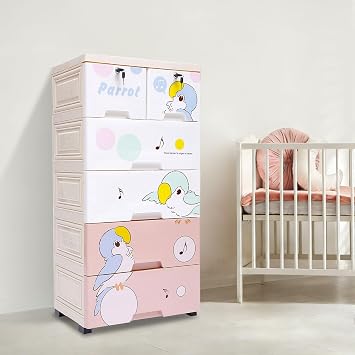 Plastic Locking Drawer Dresser Storage Cabinet Dresser Drawer Organizer Storage Cabinet Plastic Closet Dresser Organizer Unit with 5 Drawers and Casters for Bedroom Pink Parrot