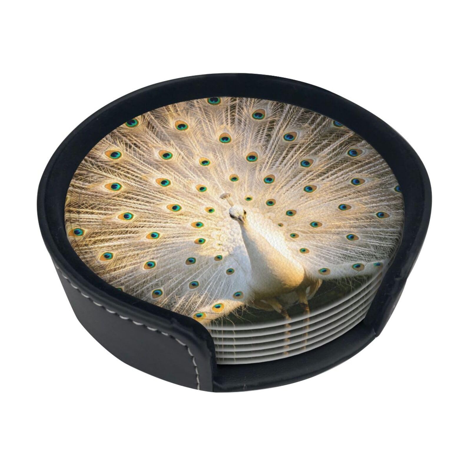 Cntdbu White Peacock Art Leather Coasters Set Of 6-Pu Leather Drink Mats For Table, Heat Resistant Round Coasters With Holder