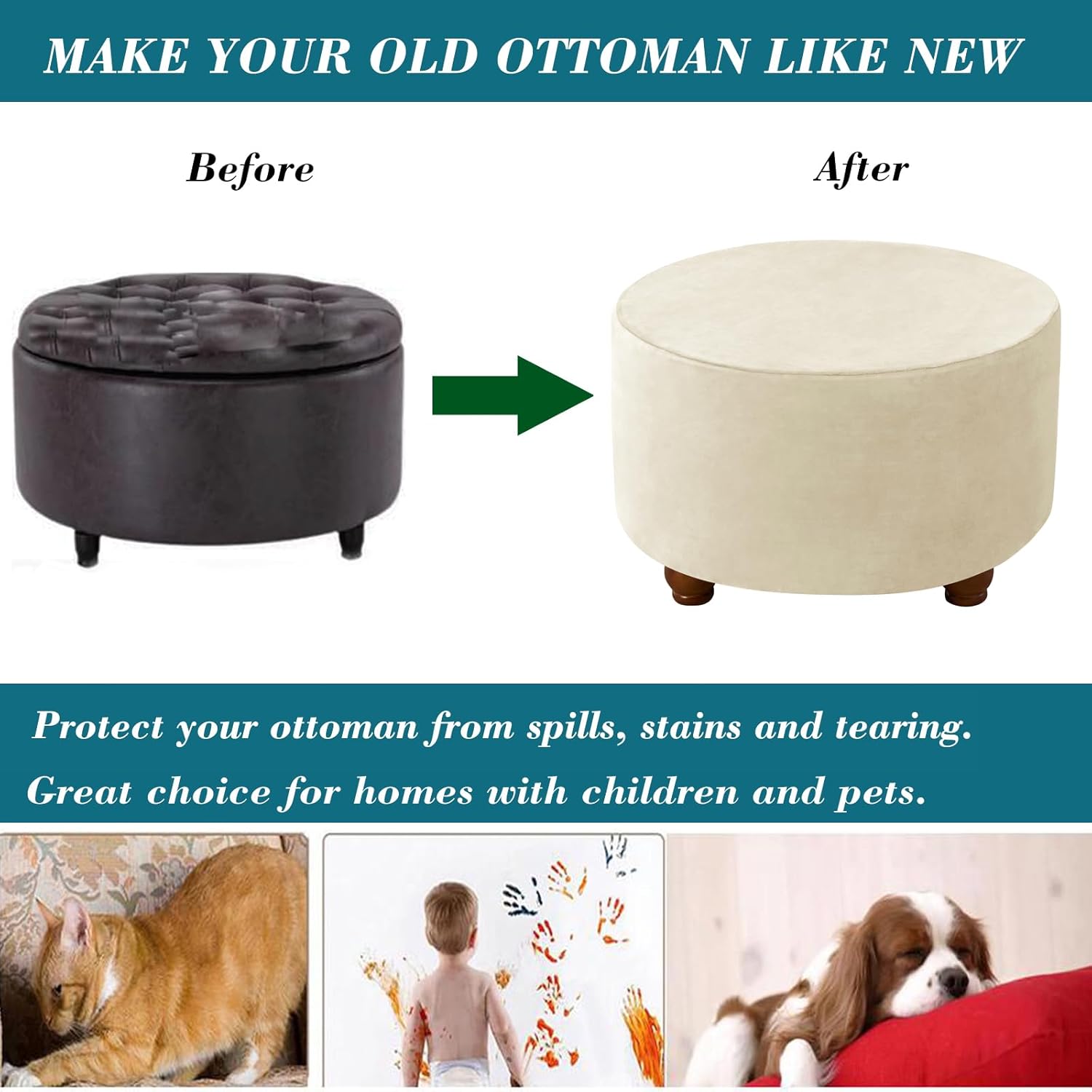 HFCNMY Round Ottoman Cover - Thick Velvet Slipcover with Elastic Bottom - Beige Large