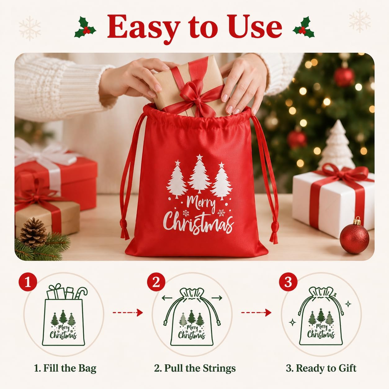 Uozksor 6 Pack Christmas Tree Drawstring Gift Bags, Red Satin Pouches image 4
