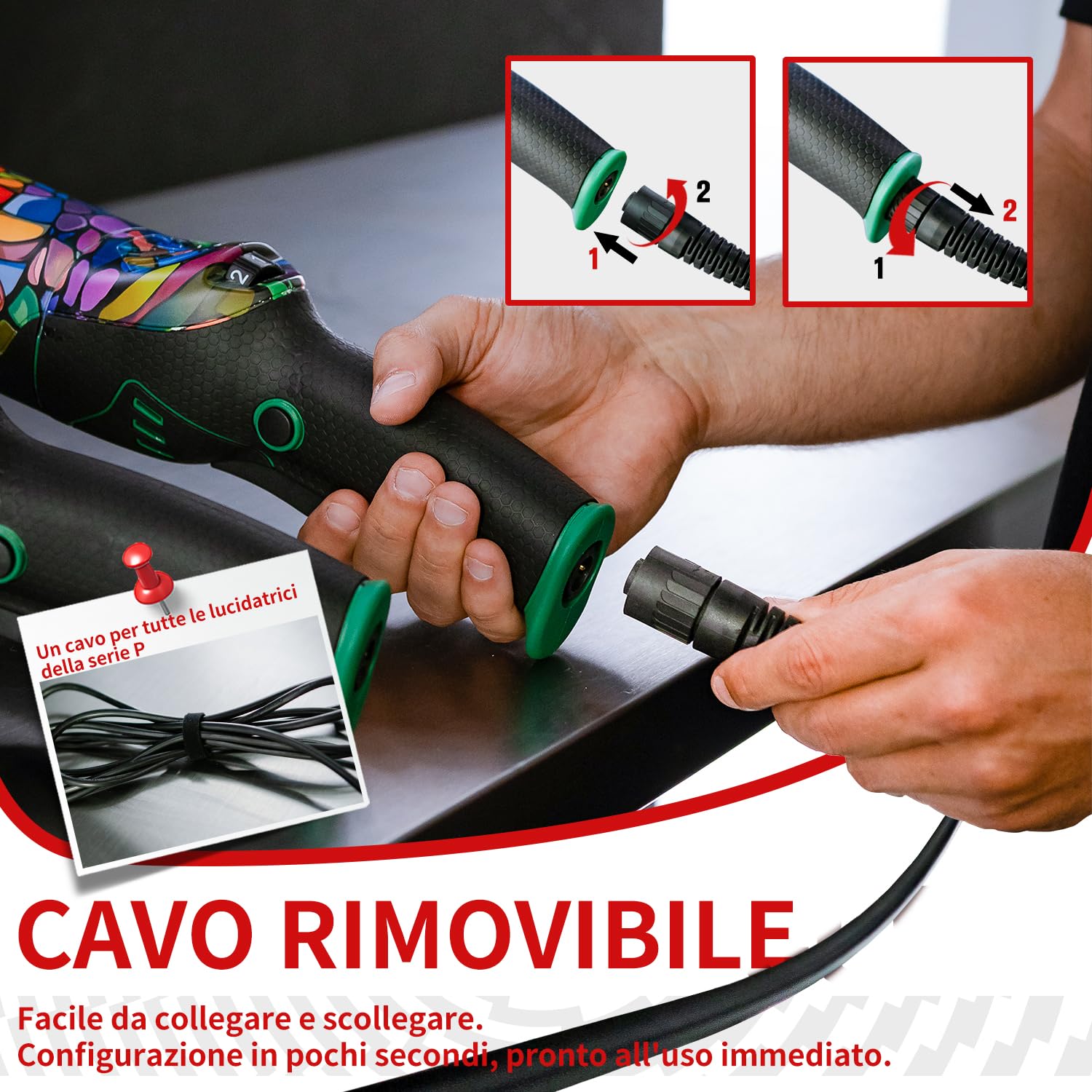 BATOCA P1 Lucidatrice per Auto Rotorbitale 1000W - Lucidatrice Eccentrica DA 125mm, Orbita 15mm, 6 Velocità 2500-5500 RPM, Cavo Rimovibile 5m per Lucidatura, Ceratura e Rimozione Graffi Auto e Moto