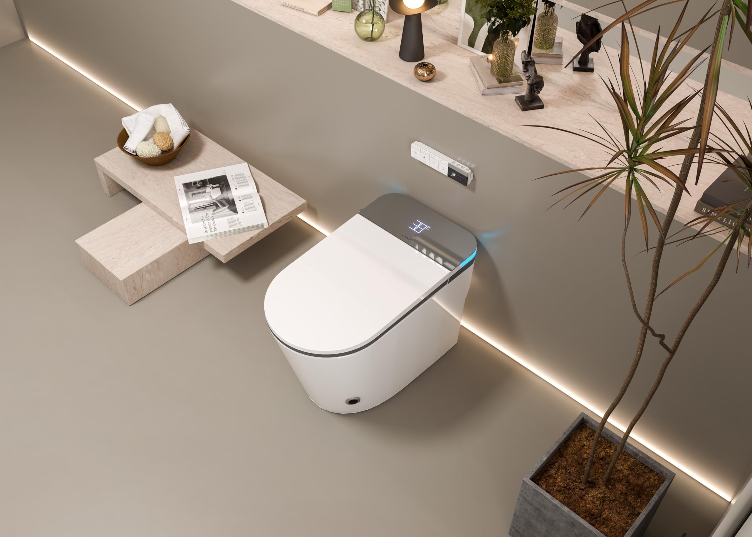 Lussuoso WC allungato con bidet intelligente, doppio risciacquo, apertura e chiusura automatica, sedile riscaldato, scarico a parete, bianco